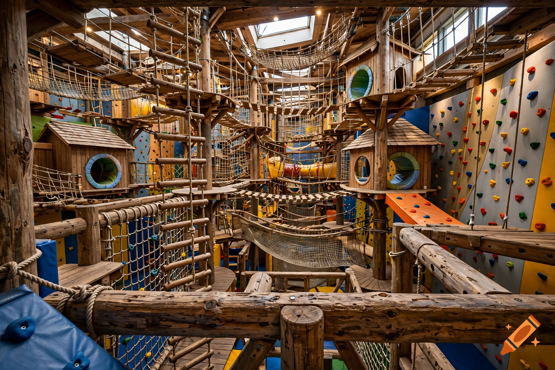 Complex multi-level wooden indoor playground structure with ropes, climbing walls, and treehouses.
