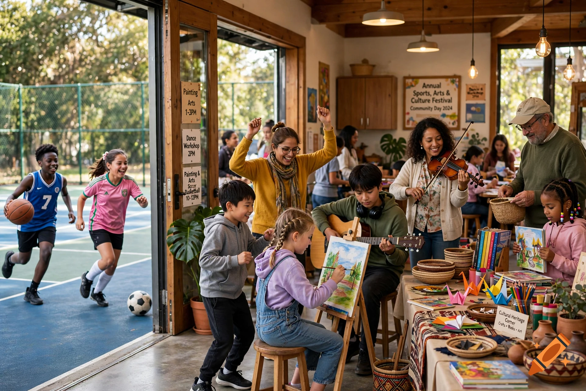 Children and adults engaging in sports, arts, and music in a community center.