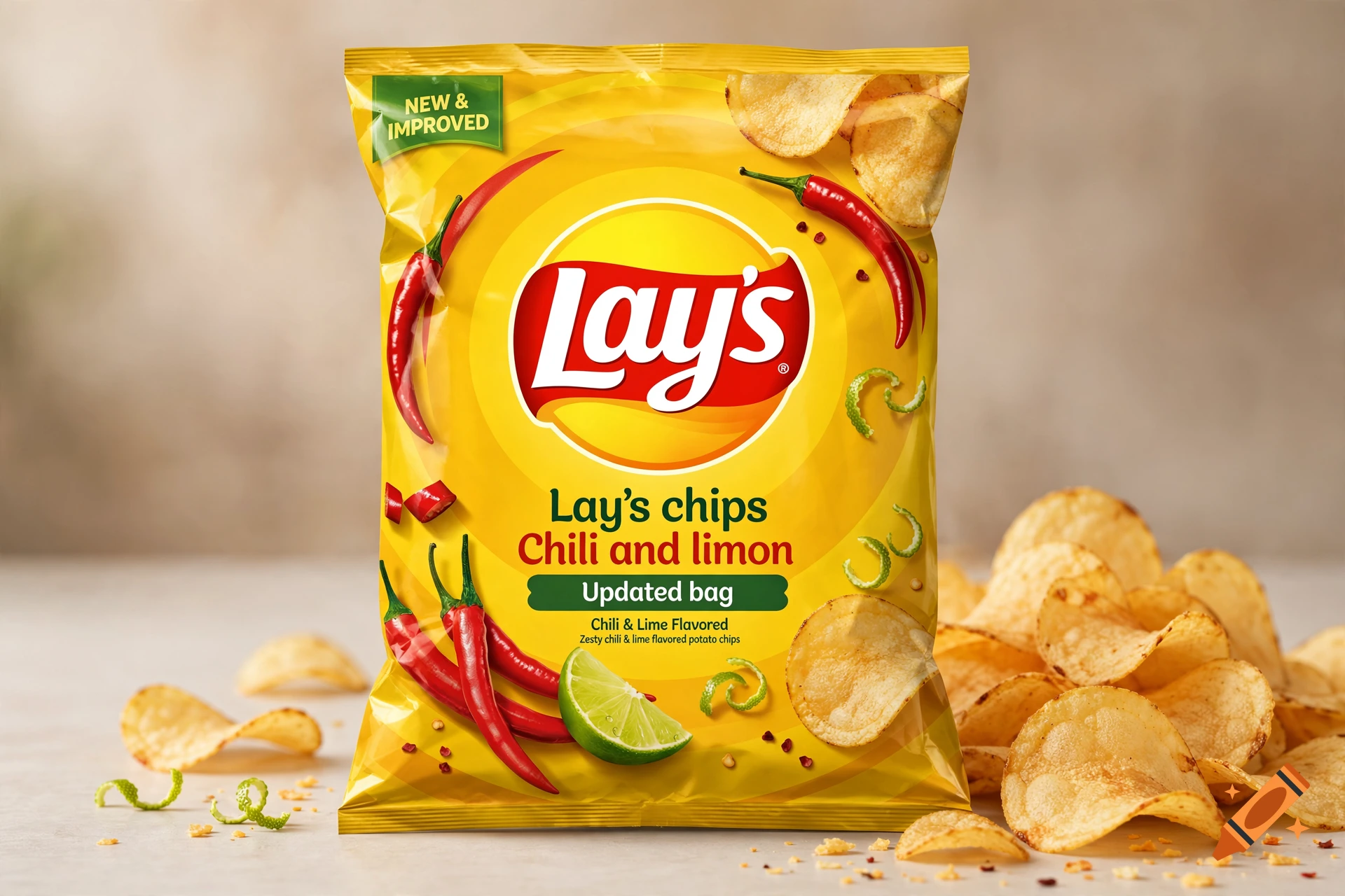 Photorealistic product shot of a yellow Lay's Chili and Limon potato chip bag with chili peppers and lime slices, surrounded by chips.