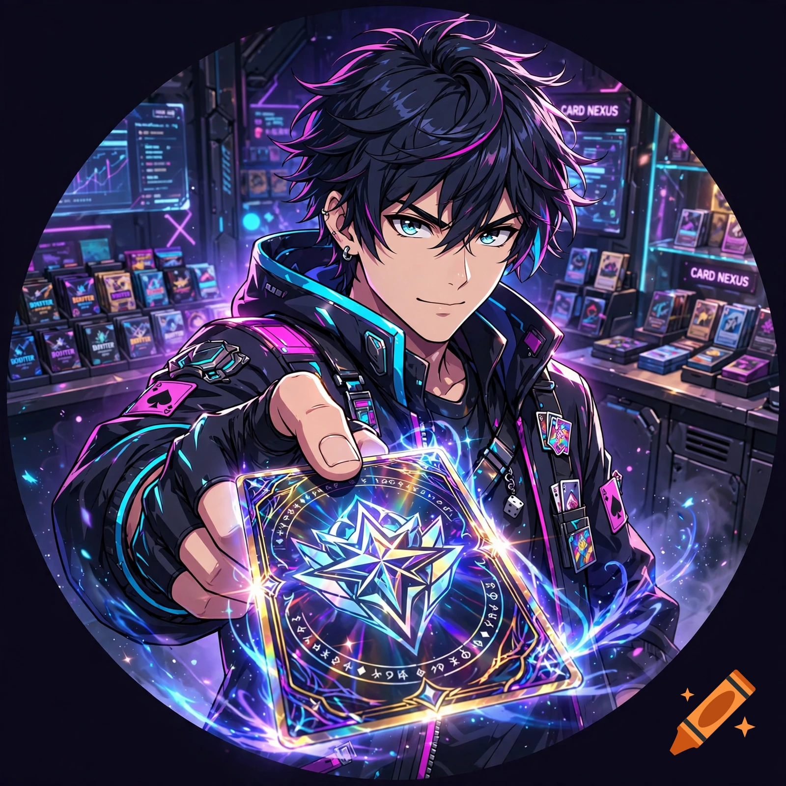 An anime-style male character with dark blue hair holding up a glowing trading card in a cyberpunk gaming shop.