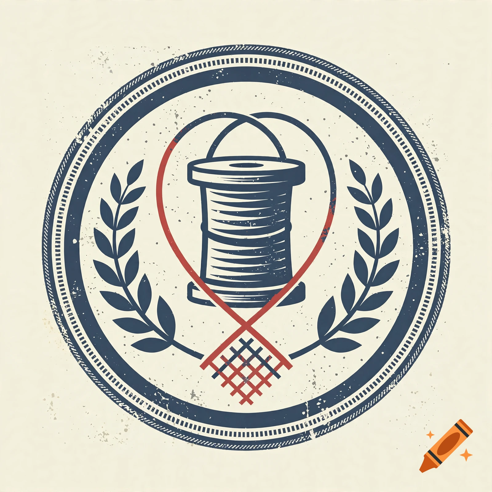 Vintage circular logo with a spool of thread, laurel wreath, and distressed texture.