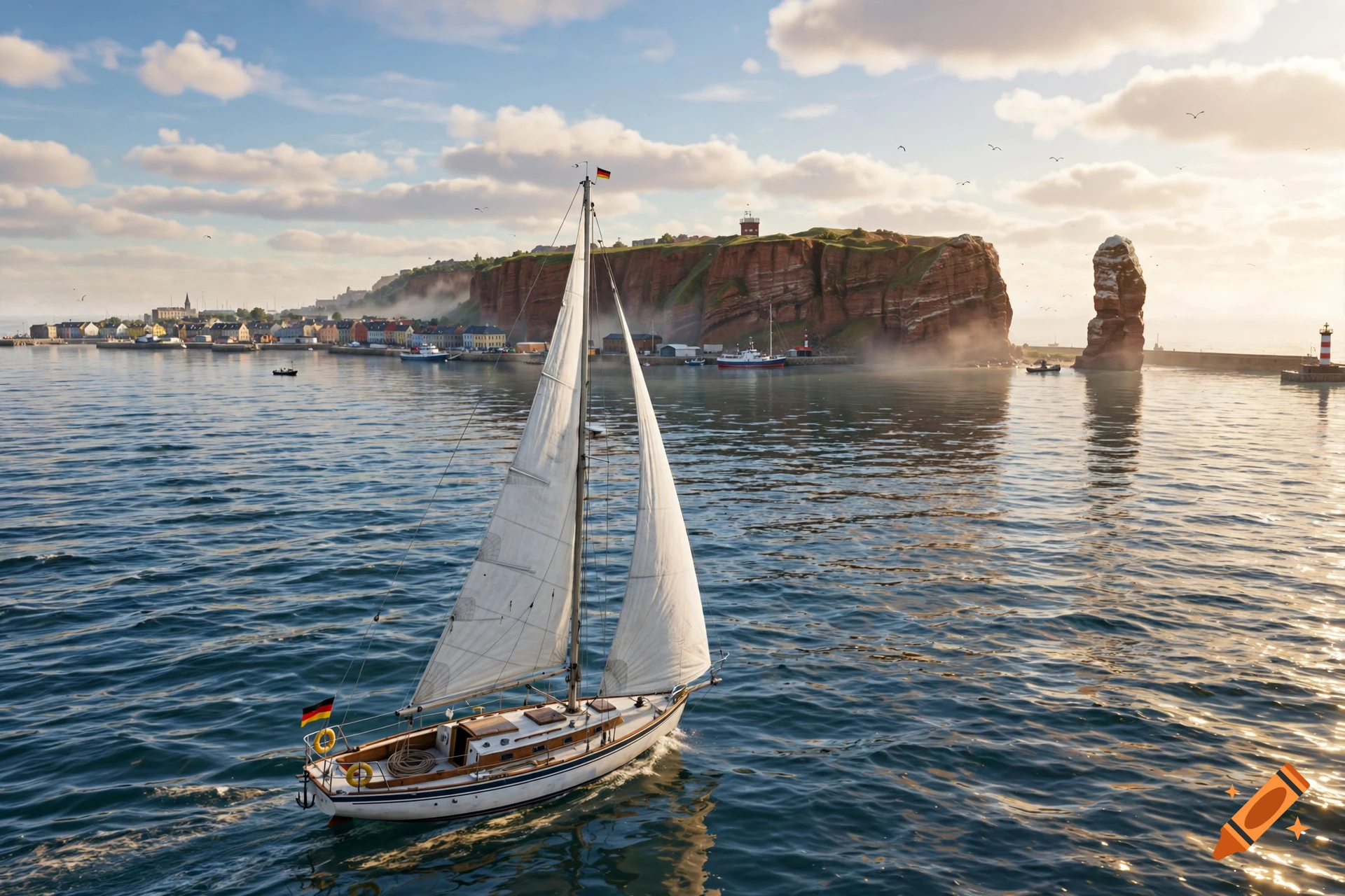 A sailboat navigates calm blue sea near a rocky coastal cliff with a town in the background under a partly cloudy sky.