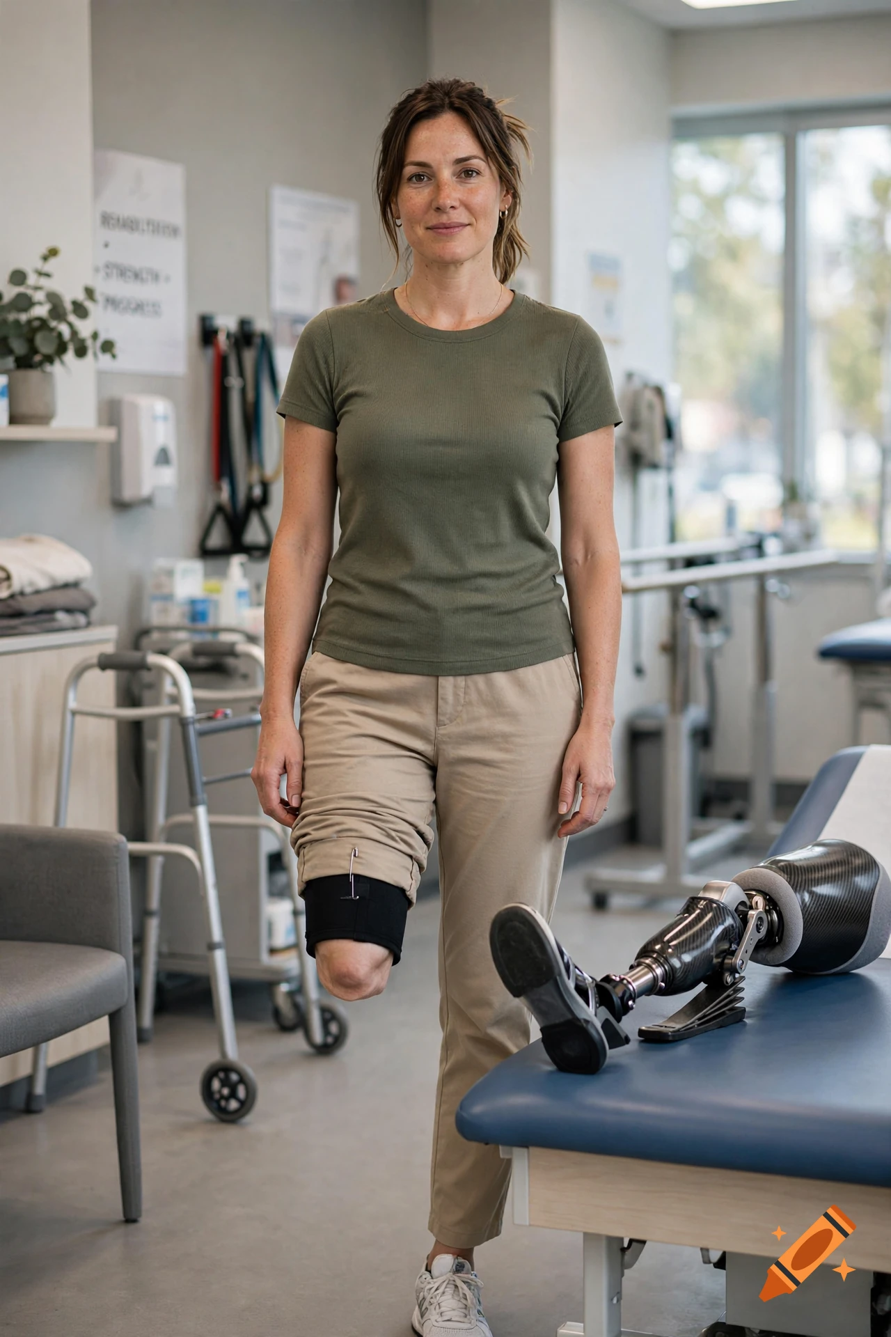 Photorealistic portrait of an above-the-knee amputee woman standing in a physical therapy clinic with her prosthetic leg on a table.