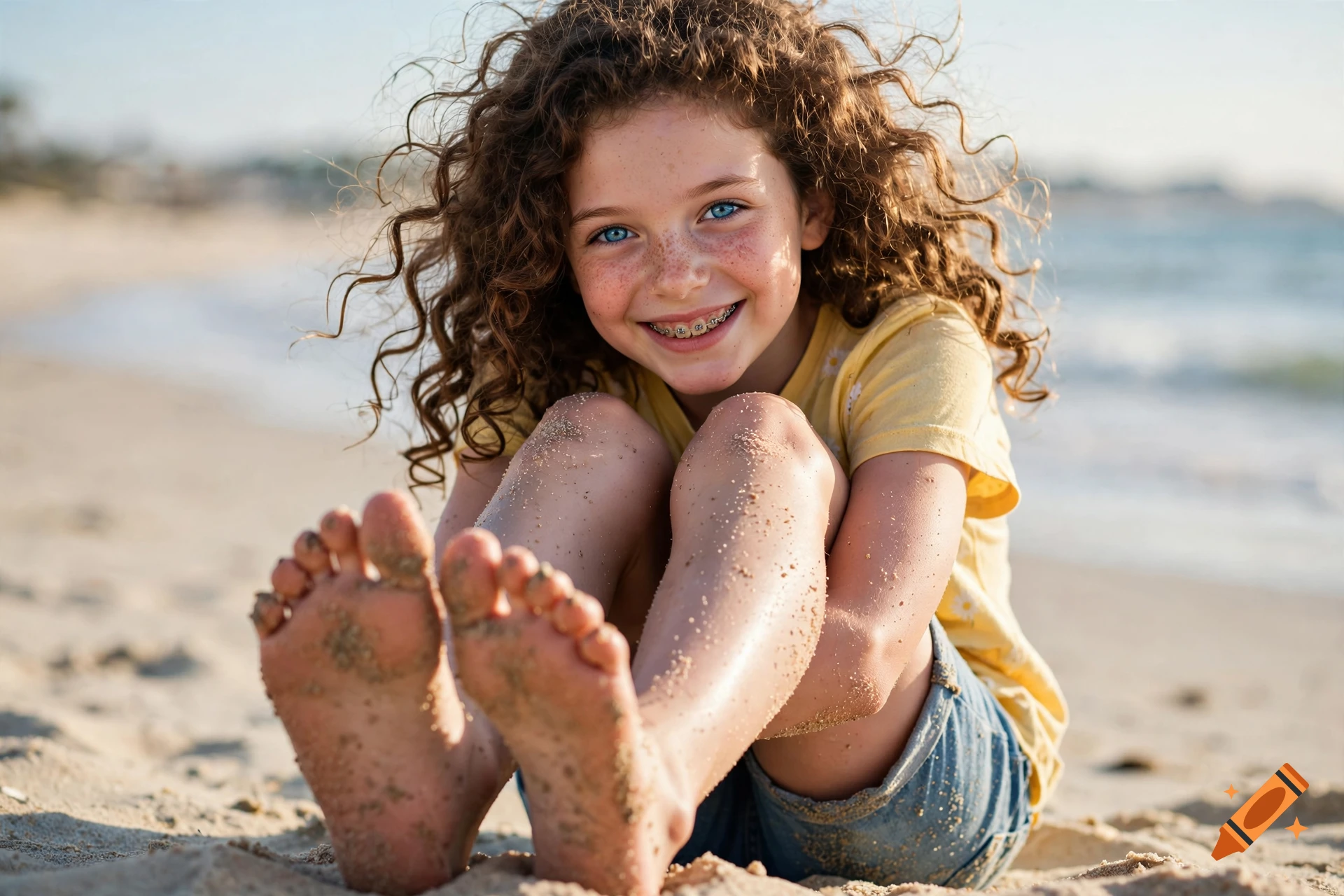 Photorealistic image of a smiling young girl with curly hair and blue eyes sitting on a beach with sandy feet.