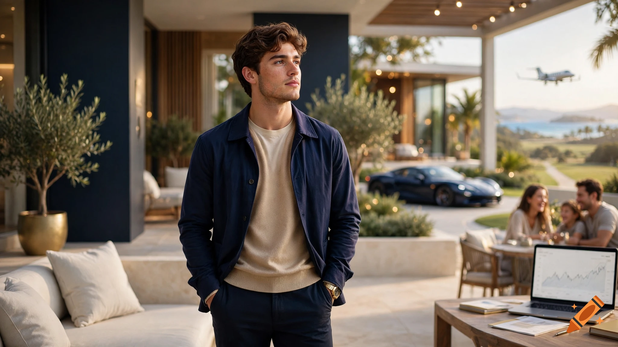 Photorealistic portrait of a young man standing outdoors on a luxury villa terrace with a modern sports car, family, and a laptop showing financial charts.