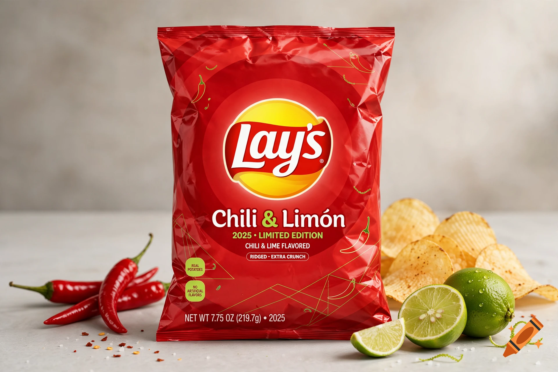 Photorealistic product shot of a red Lay's Chili & Limón potato chip bag, flanked by fresh chili peppers and limes.
