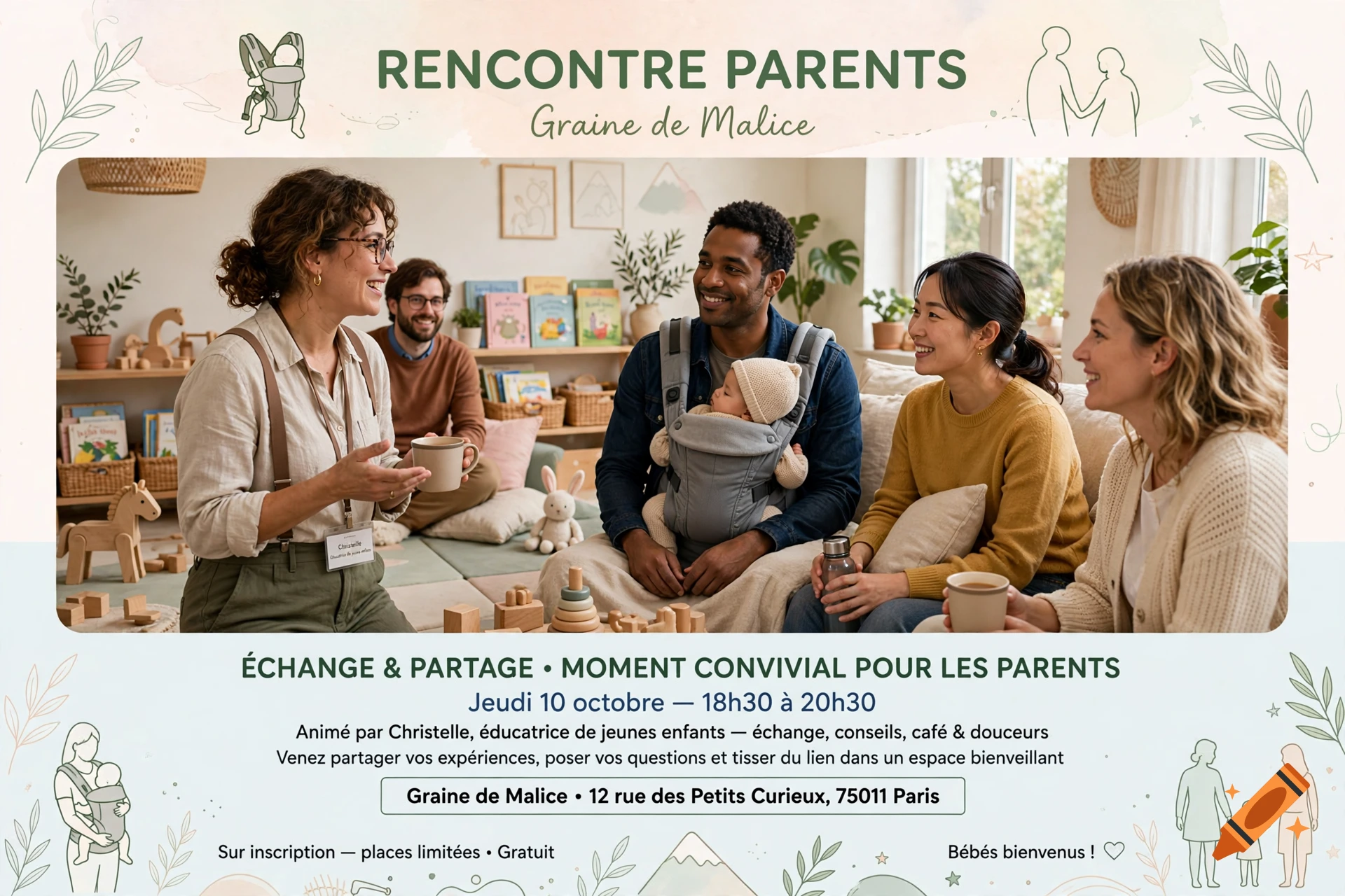 Flyer for a parent meeting with a photo of parents, babies in carriers, and a childcare provider in a cozy room.