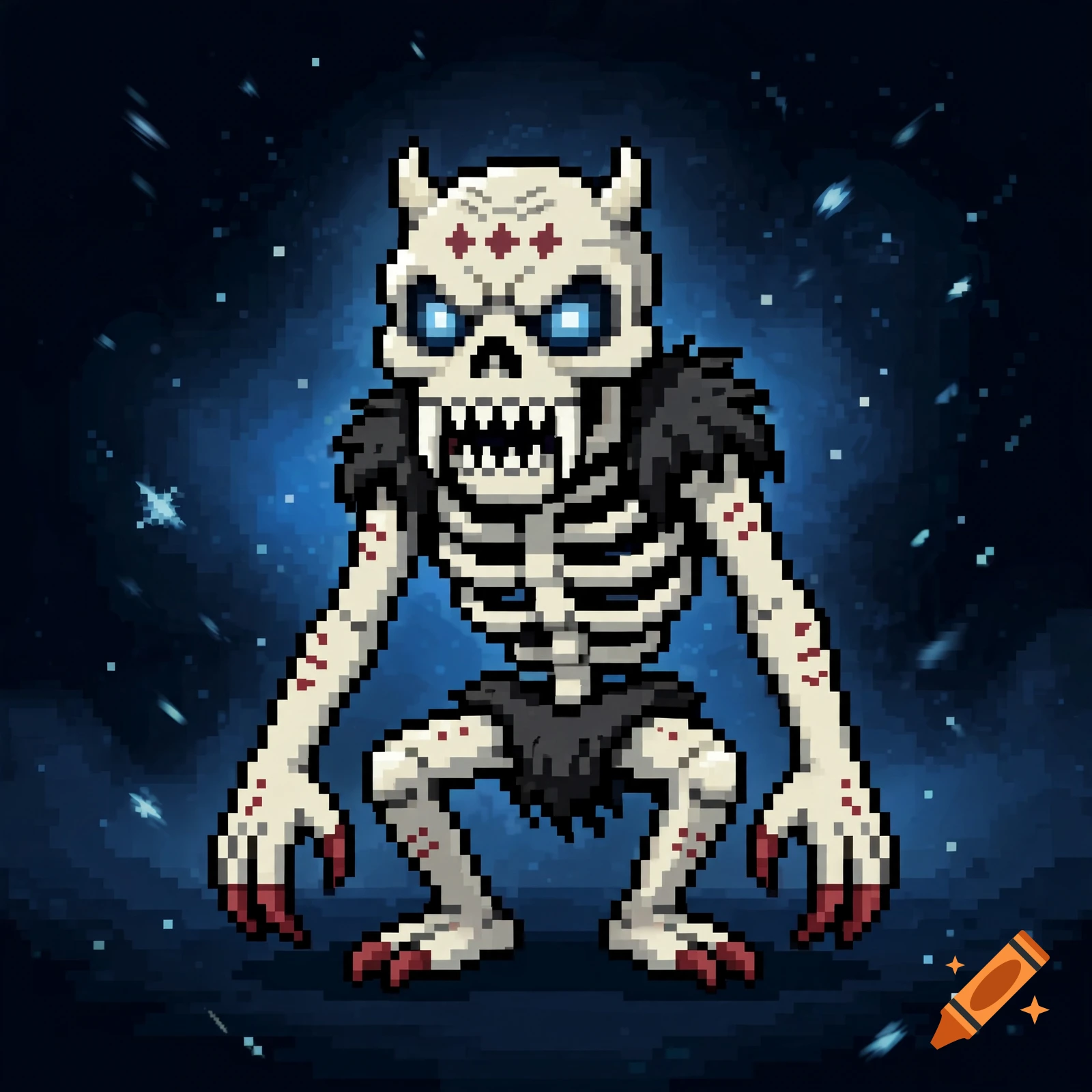 Pixel art of a menacing skeletal creature with glowing blue eyes, horns, and sharp claws against a dark blue background.