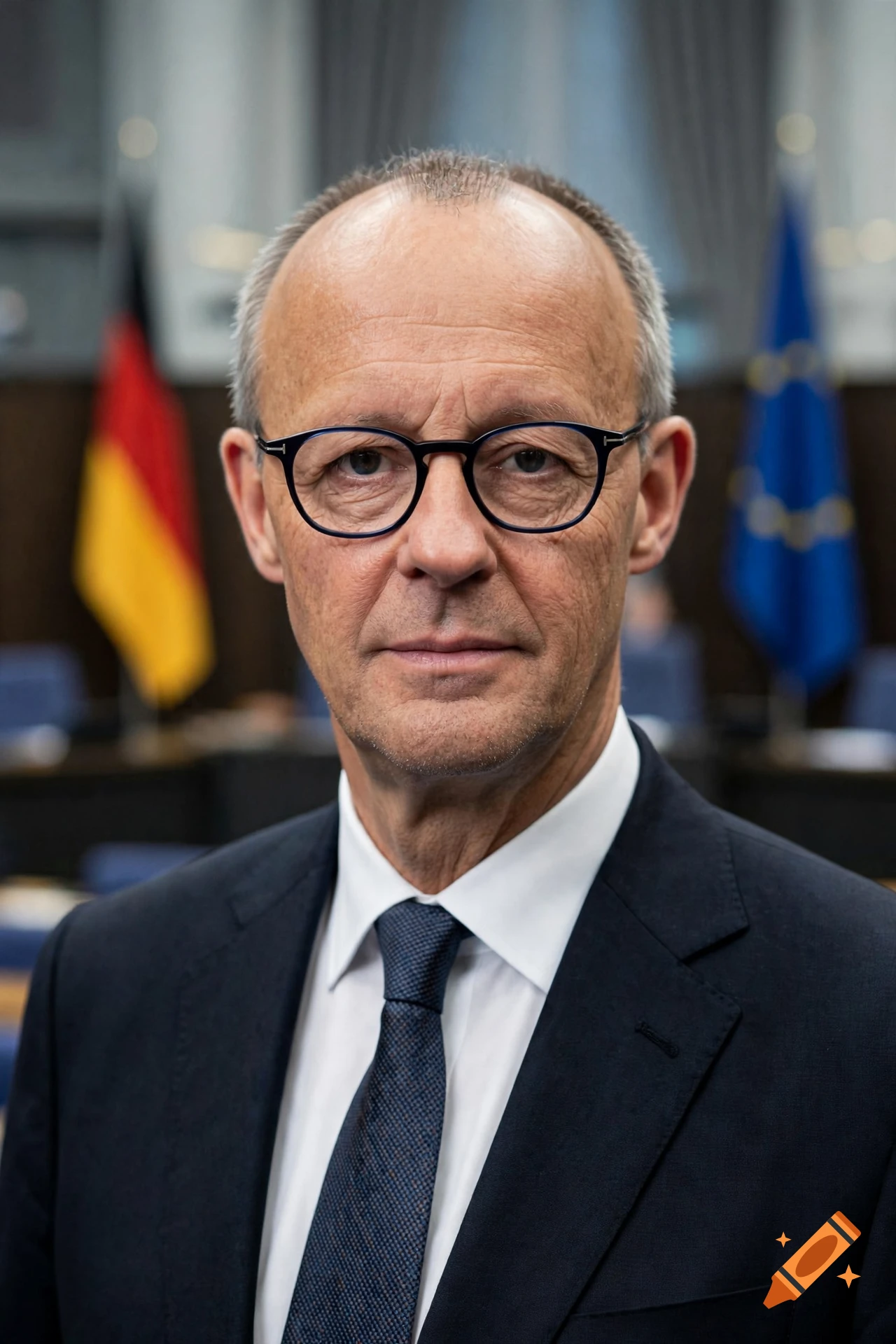 Photorealistic portrait of German politician Friedrich Merz wearing glasses and a suit, with German and EU flags in the background.