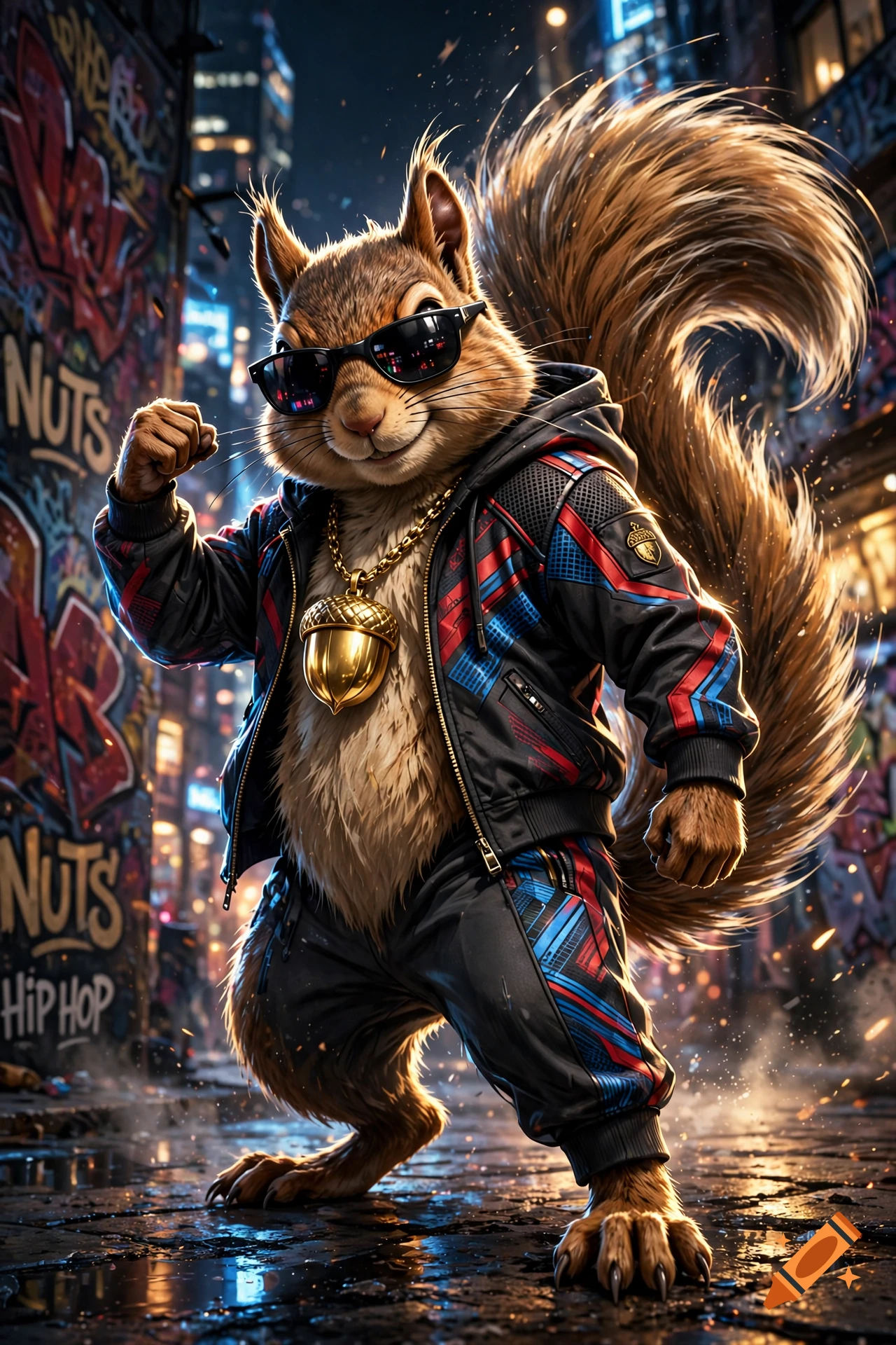 An anthropomorphic squirrel wearing sunglasses, a black and red tracksuit, and a large golden acorn pendant, posing in a graffiti-covered alley at night.