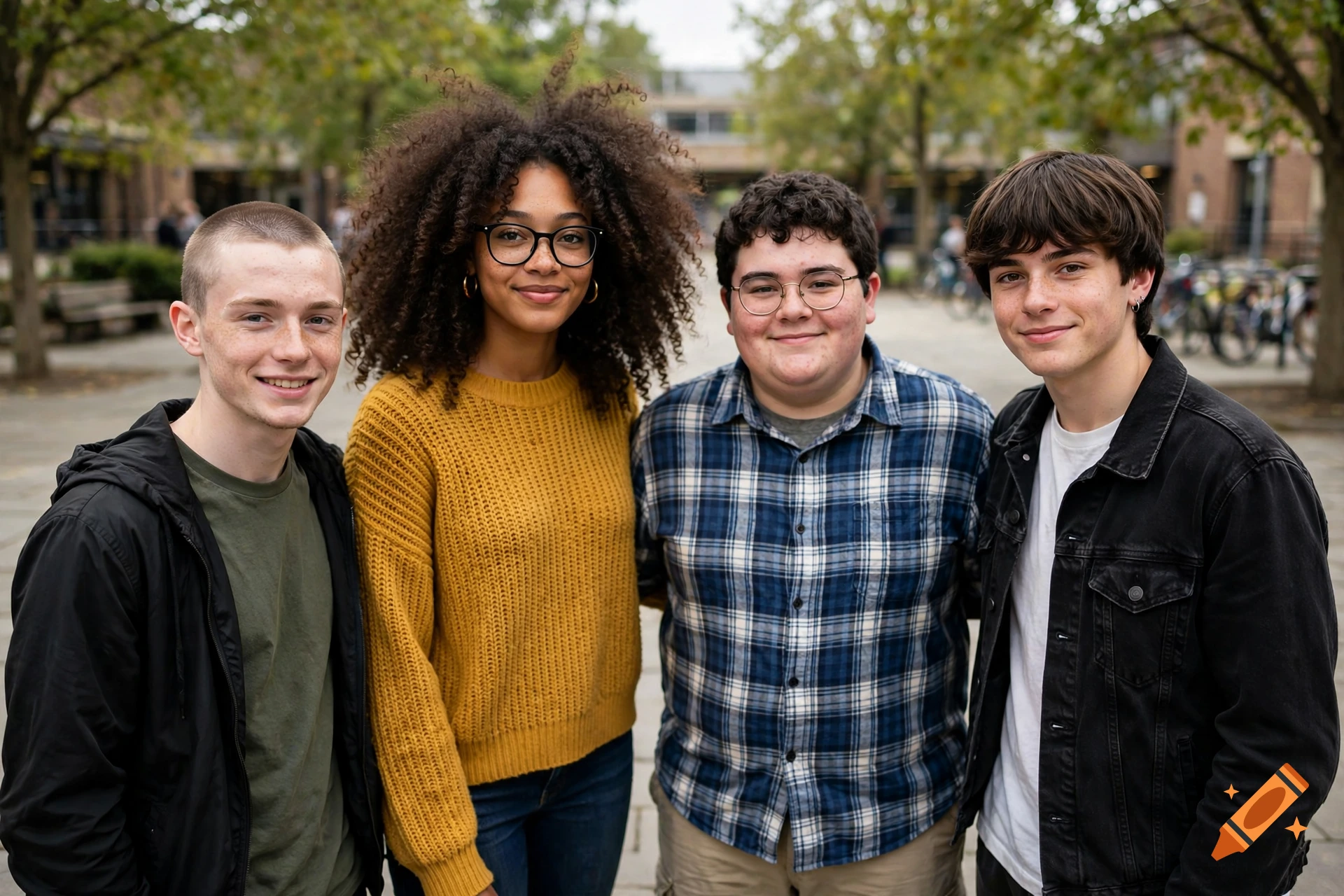 Photorealistic medium shot of four diverse teenagers standing together outdoors, smiling at the camera.