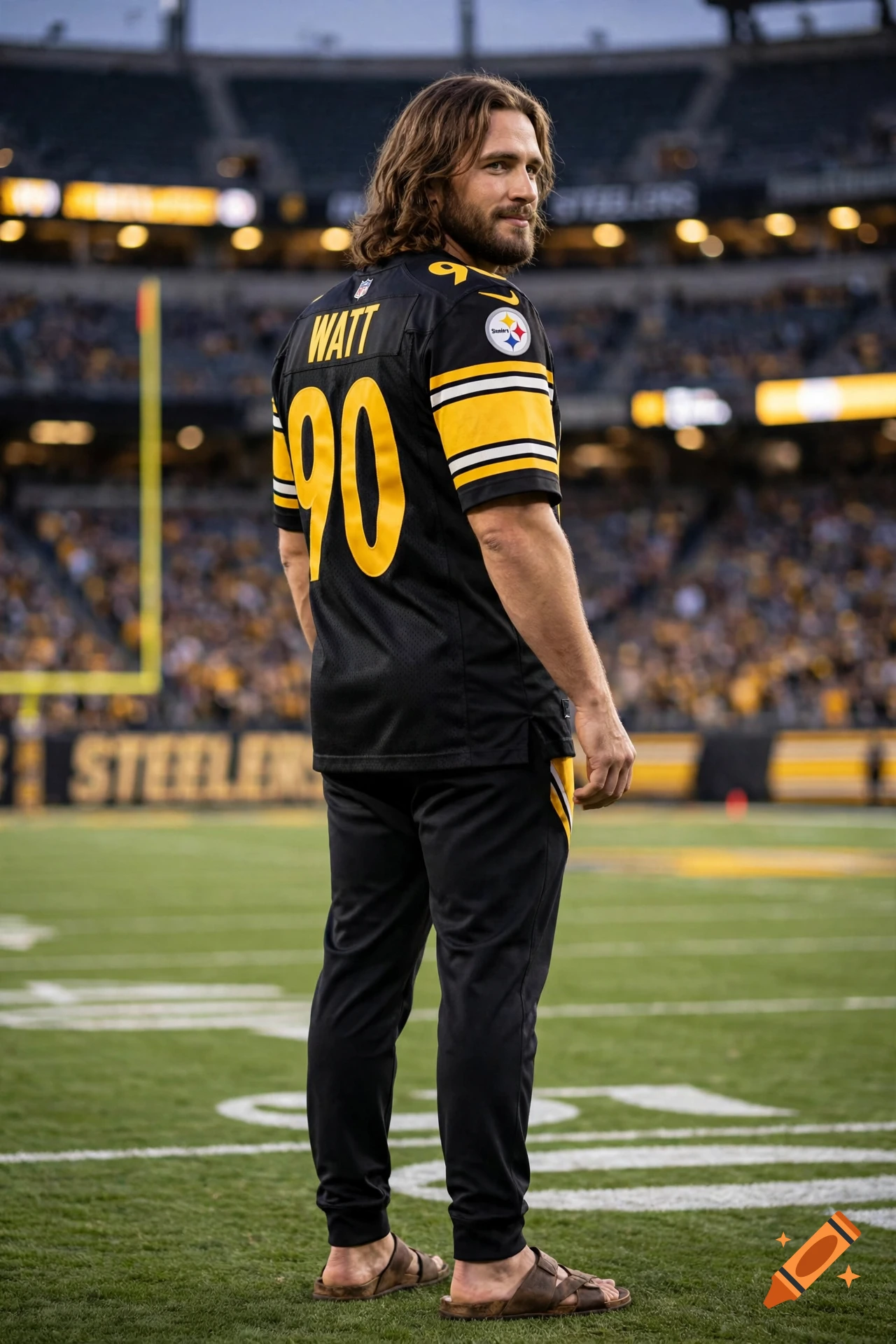 Jesus Christ with long brown hair wearing a Pittsburgh Steelers TJ Watt jersey and sandals, standing on a football field.
