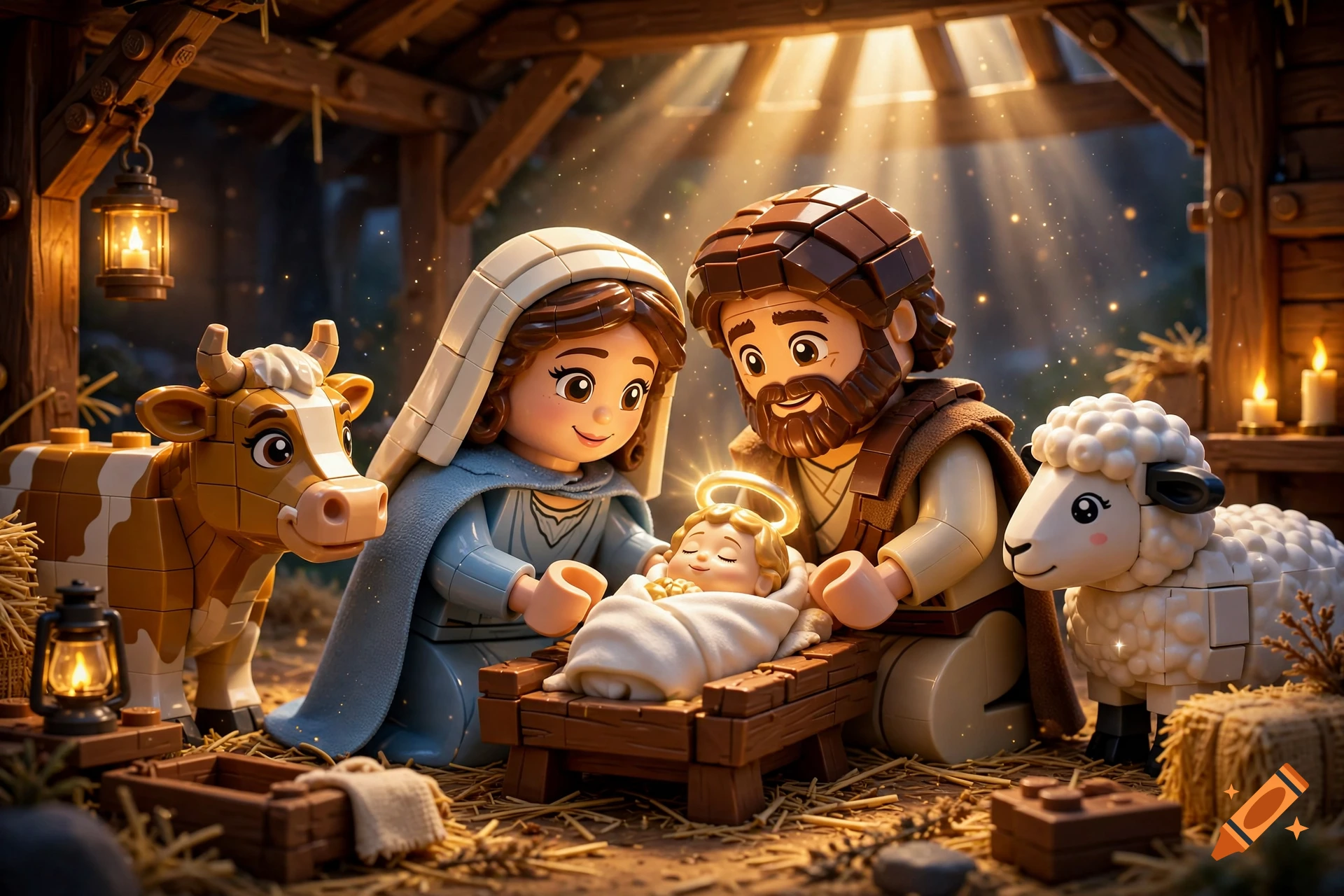 Lego movie style depiction of Mary, Joseph, and baby Jesus in a stable with a cow and sheep under cinematic lighting.