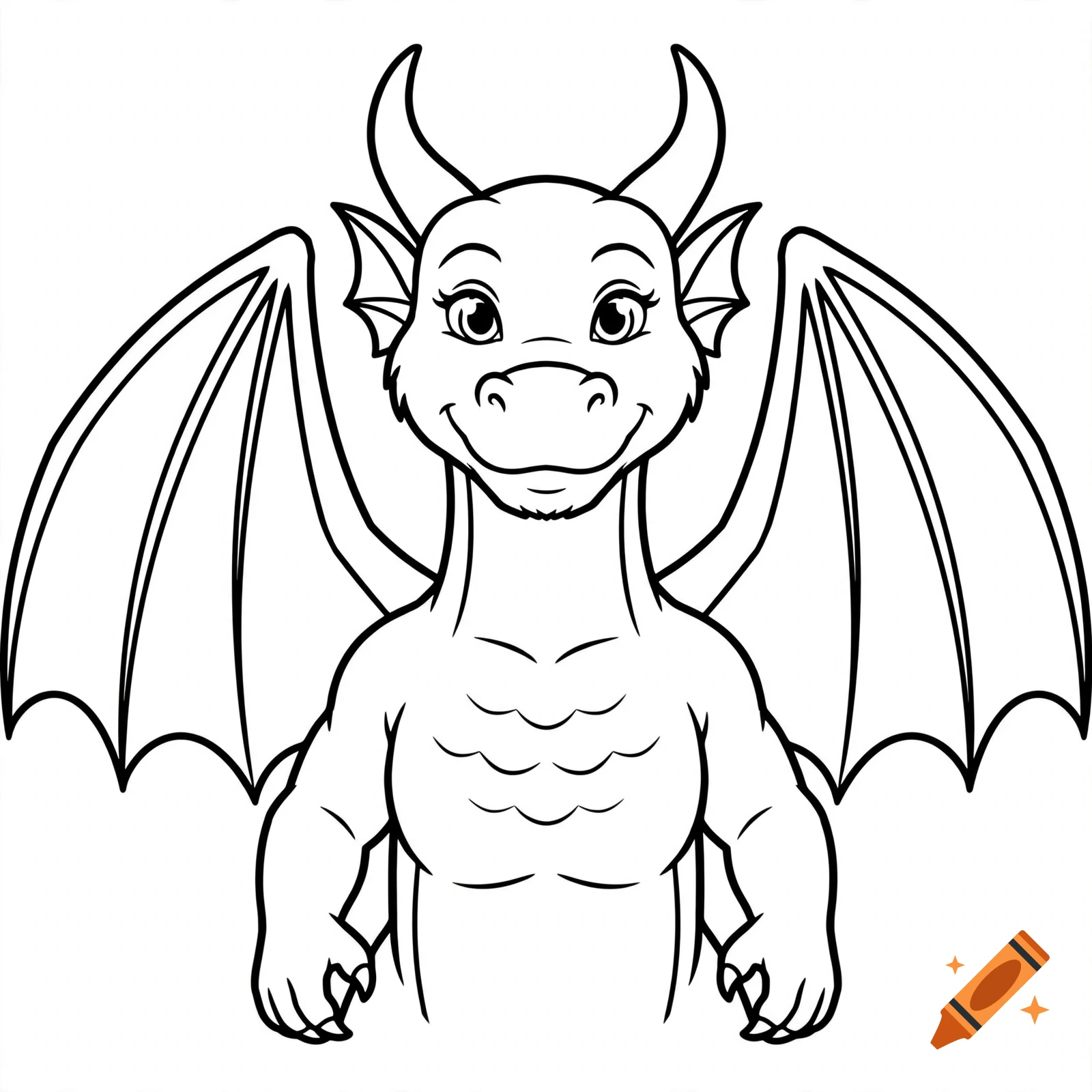 Black and white line art coloring page of a friendly adult female dragon with large wings facing forward.