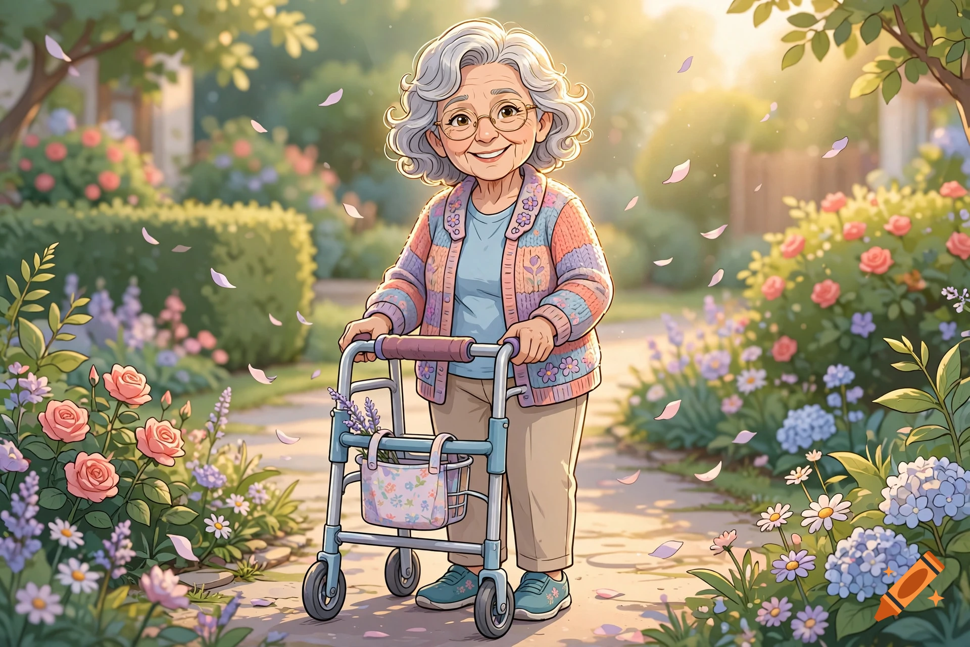 Cartoon illustration of a smiling elderly woman with gray hair using a walker in a sunny garden with flowers.