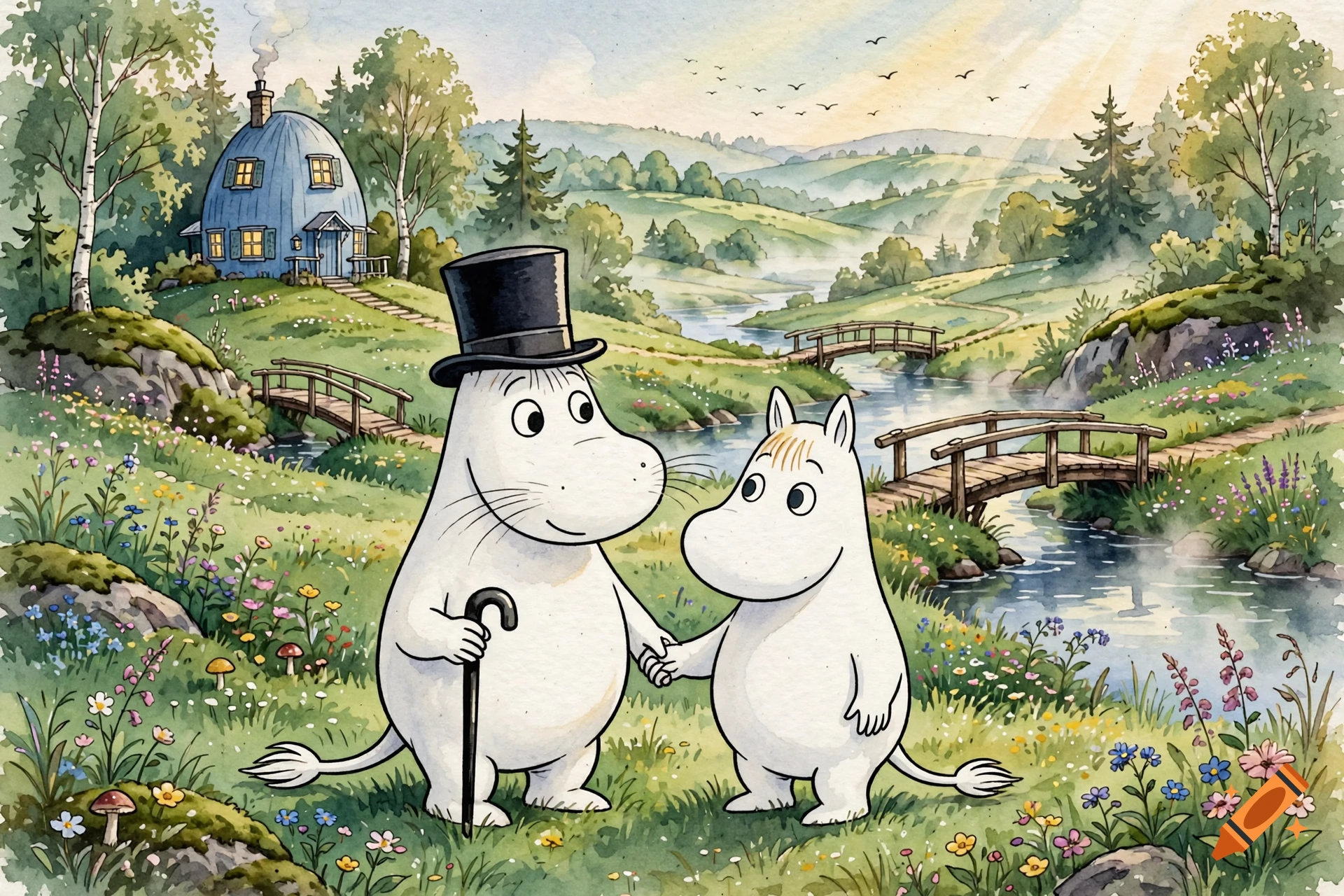Watercolor storybook illustration of Moomin and Moominpappa holding hands in Moominvalley near a river and the blue Moominhouse.