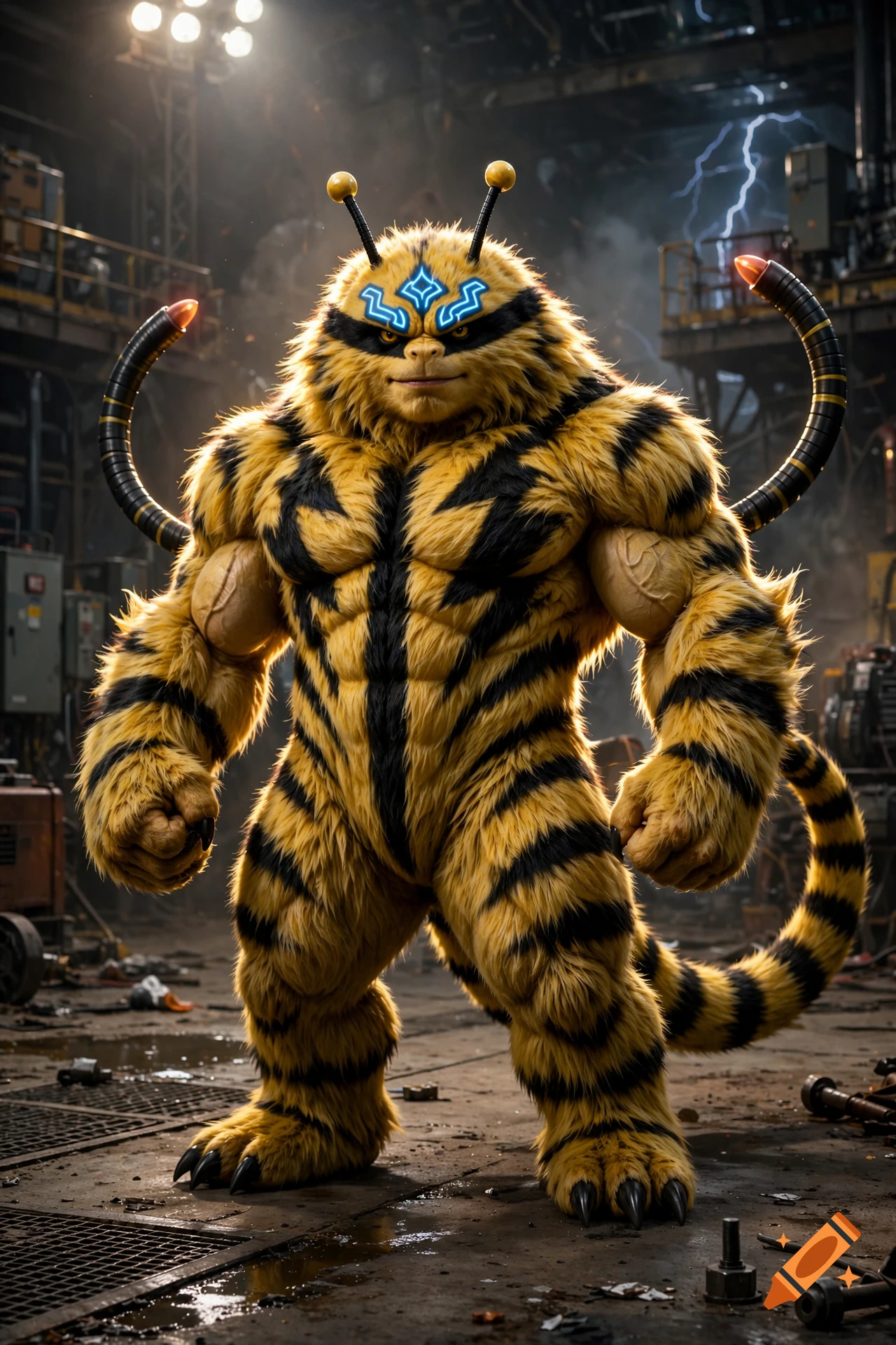 A muscular, furry yellow and black creature resembling Electivire with glowing blue markings standing in an industrial workshop.