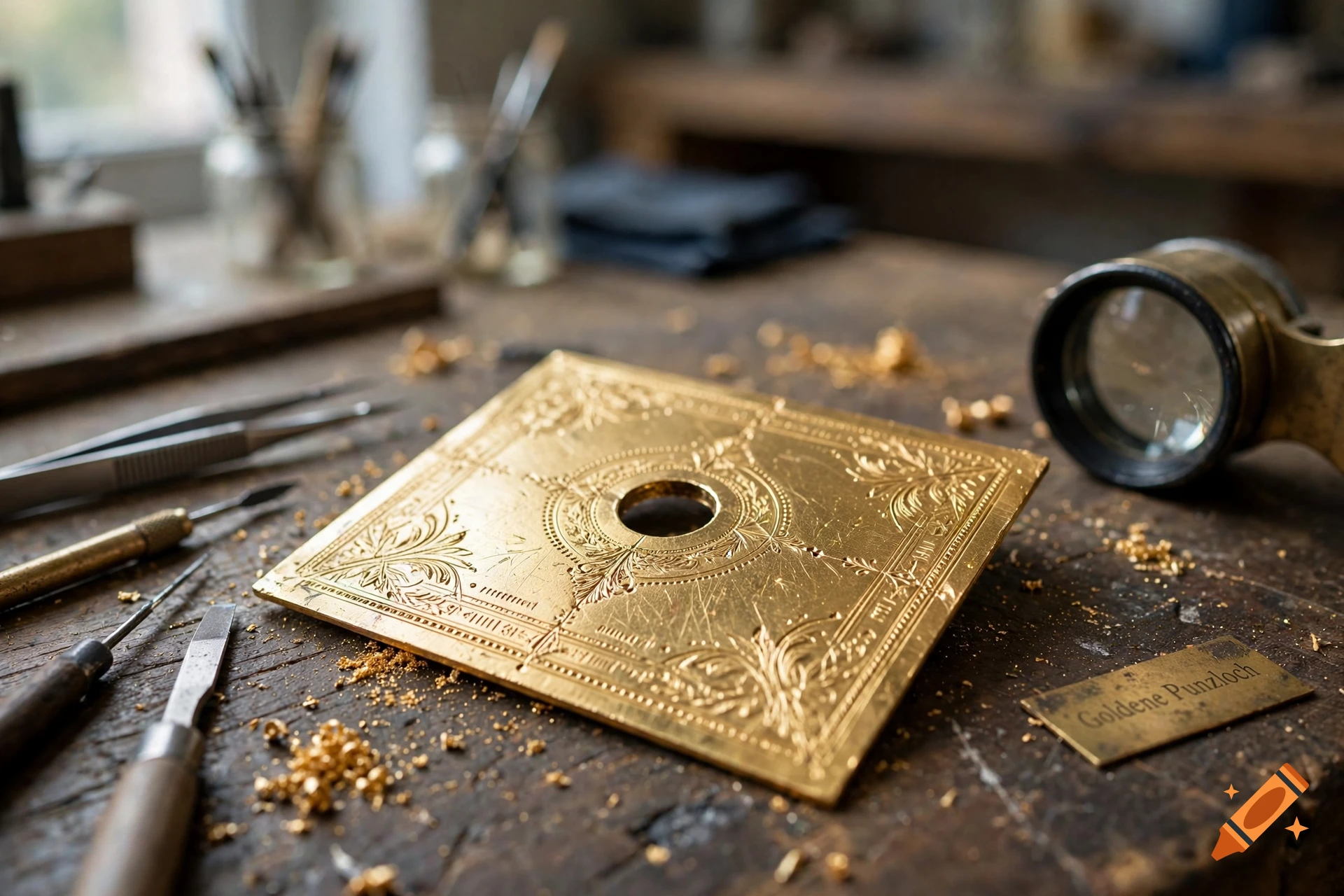 Photorealistic workshop scene with a gold plate featuring intricate engravings, surrounded by engraving tools and a magnifying glass.