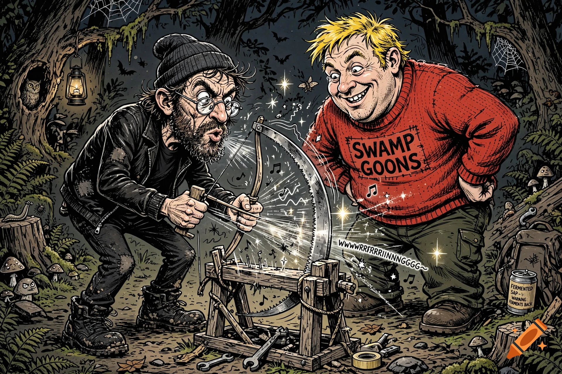 Cartoon illustration in Peter Bagge style of two men in a forest playing a musical saw and looking at a sweater that says SWAMP GOONS.