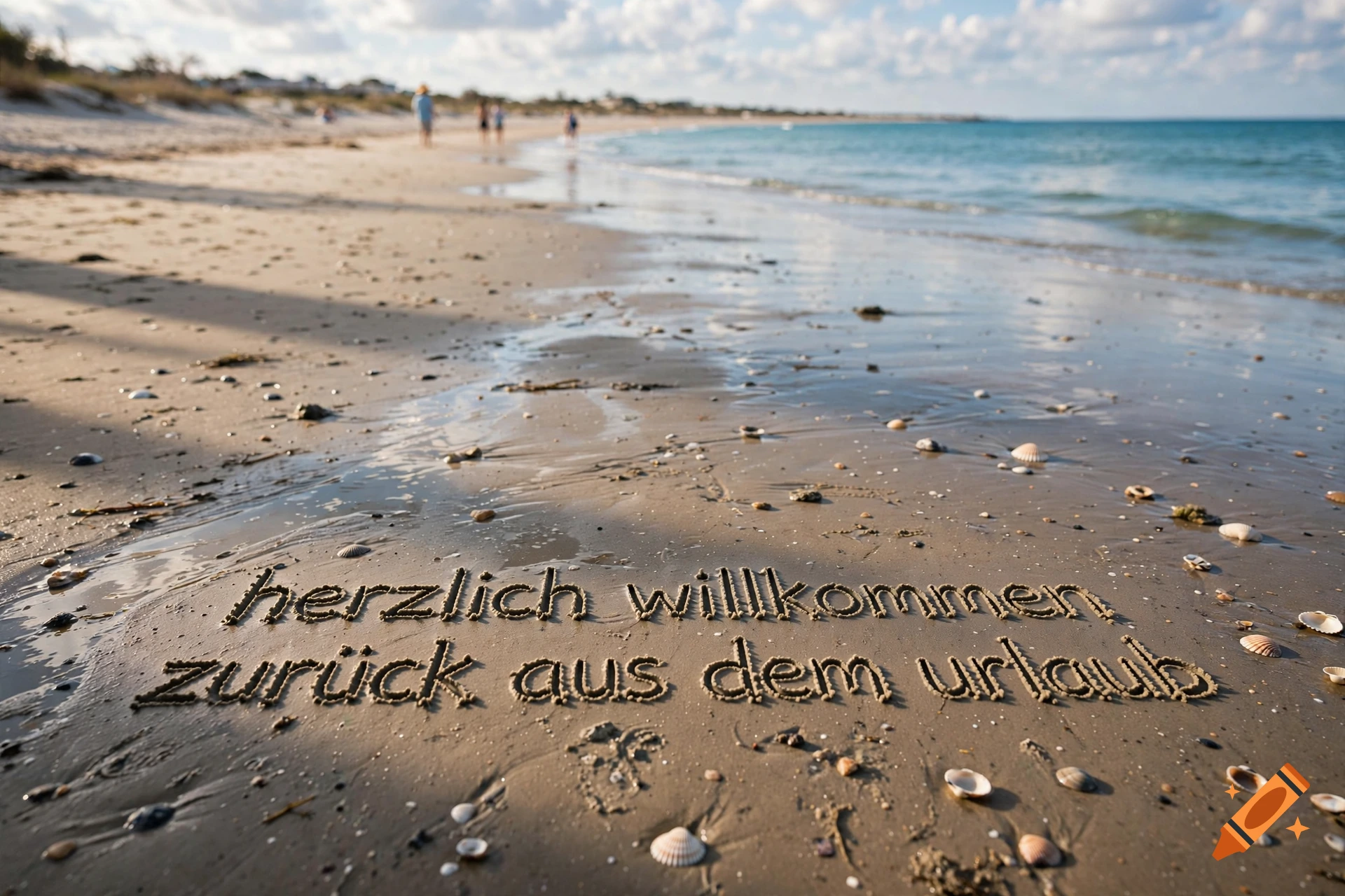 Photorealistic image of a sandy beach with the German text 'herzlich willkommen zurück aus dem urlaub' written in the sand.