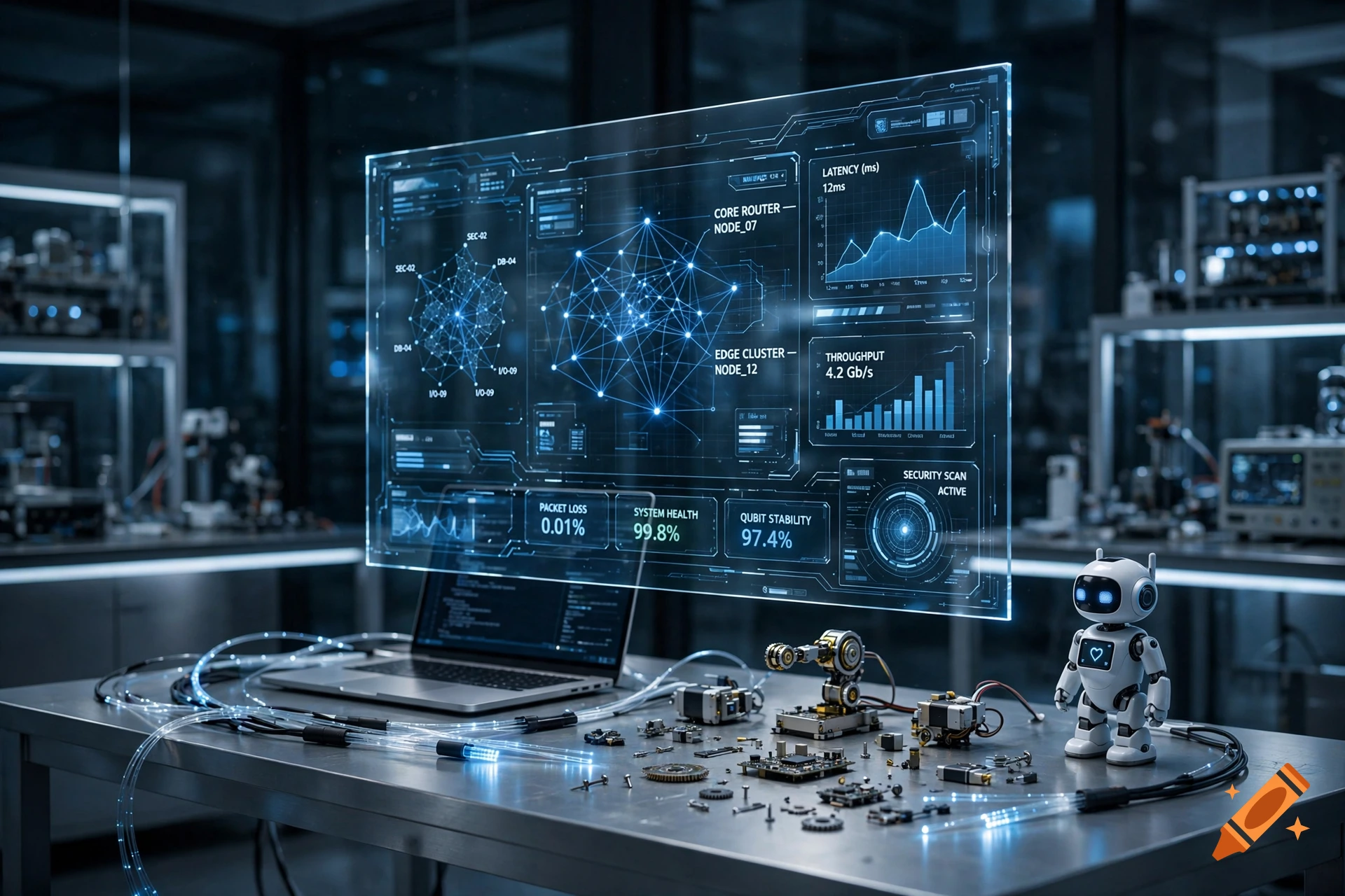 Futuristic laboratory with a glowing holographic data interface and a small robot on a metal desk, photorealistic.