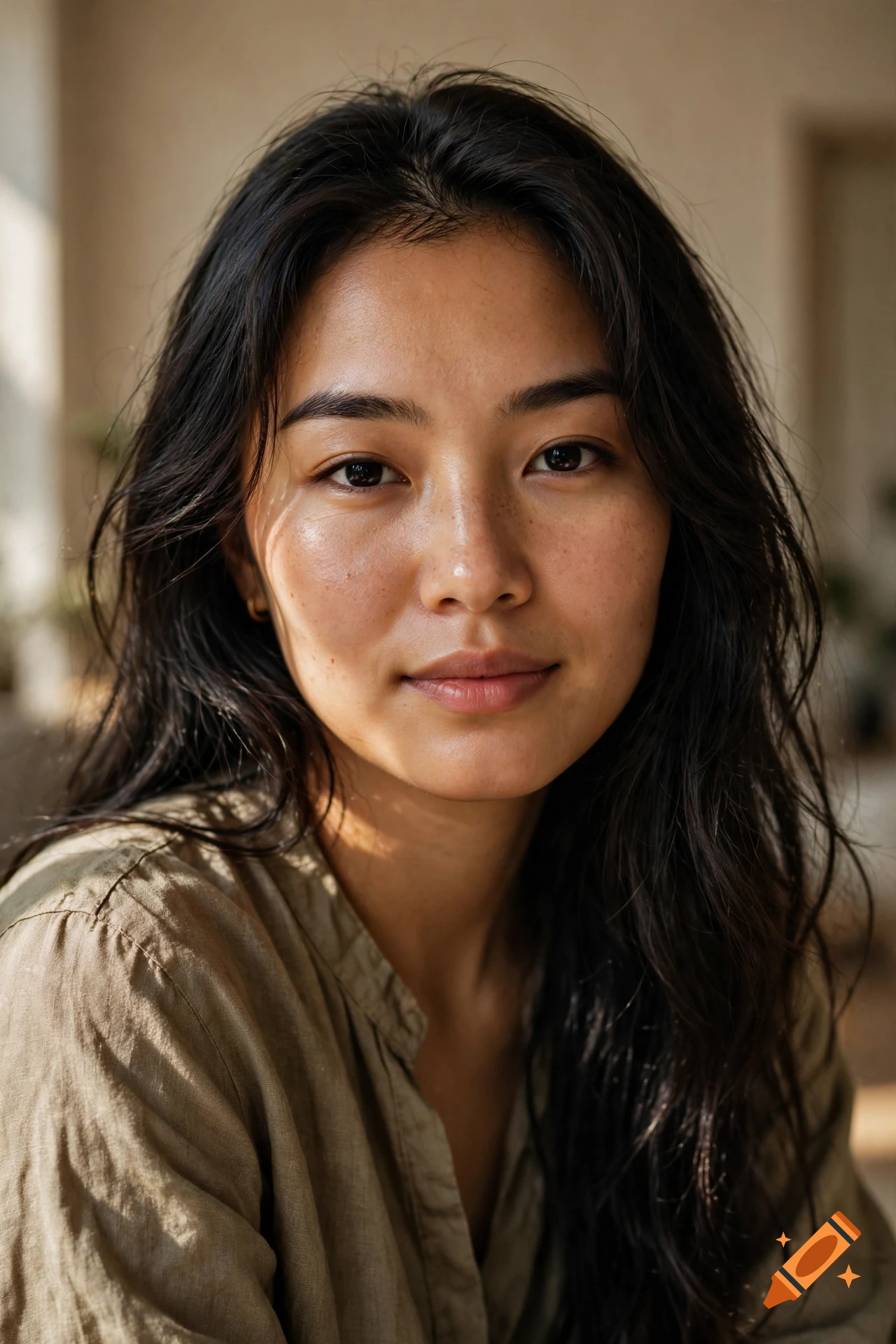 Close-up portrait of a young central Asian woman with dark hair and freckles, soft natural lighting.