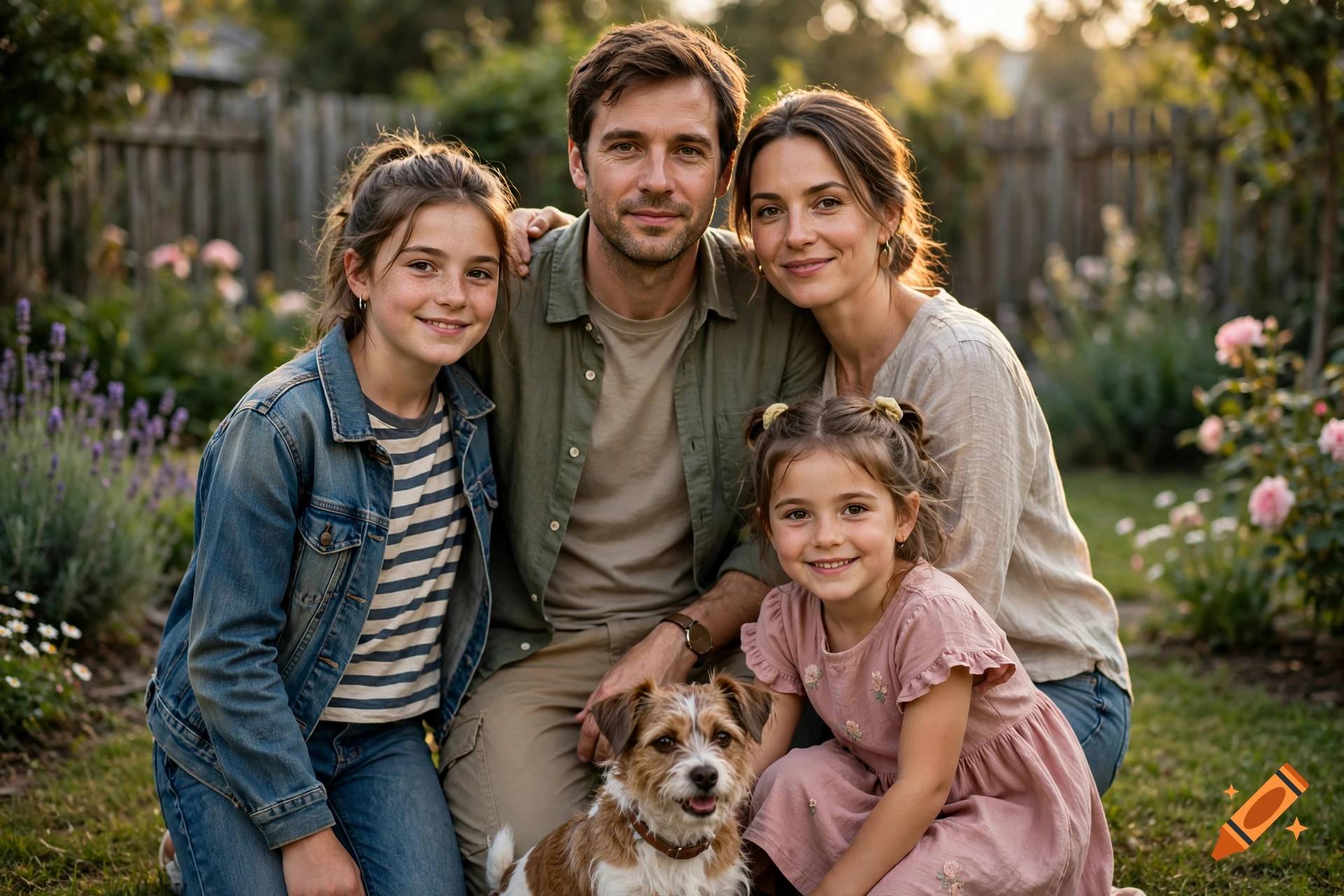 Photorealistic portrait of a happy family with two daughters and a small dog in a garden.