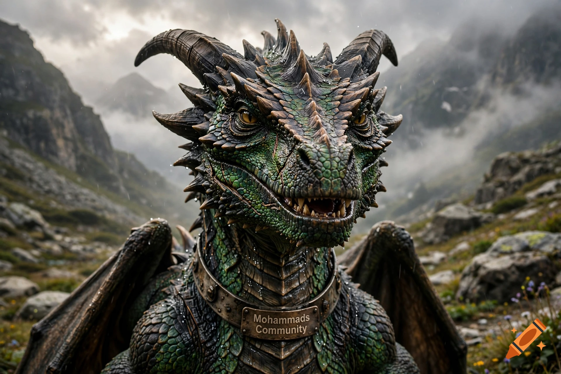 Photorealistic close-up of a green and brown scaly dragon with horns wearing a metal collar in a misty mountain landscape.