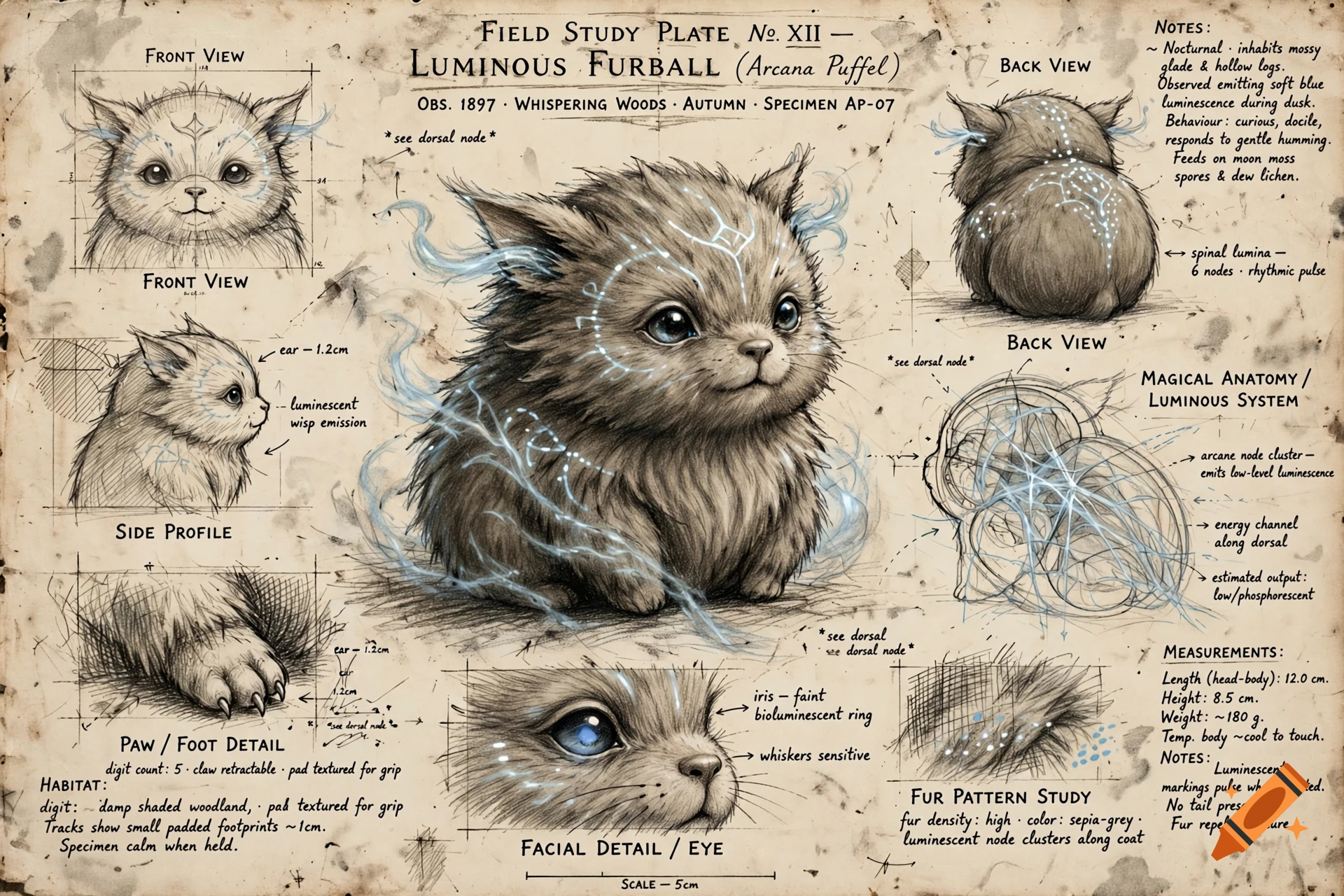 Scientific field study plate of a fluffy magical creature with glowing runes, featuring anatomical sketches, paw details, and handwritten notes in sepia.