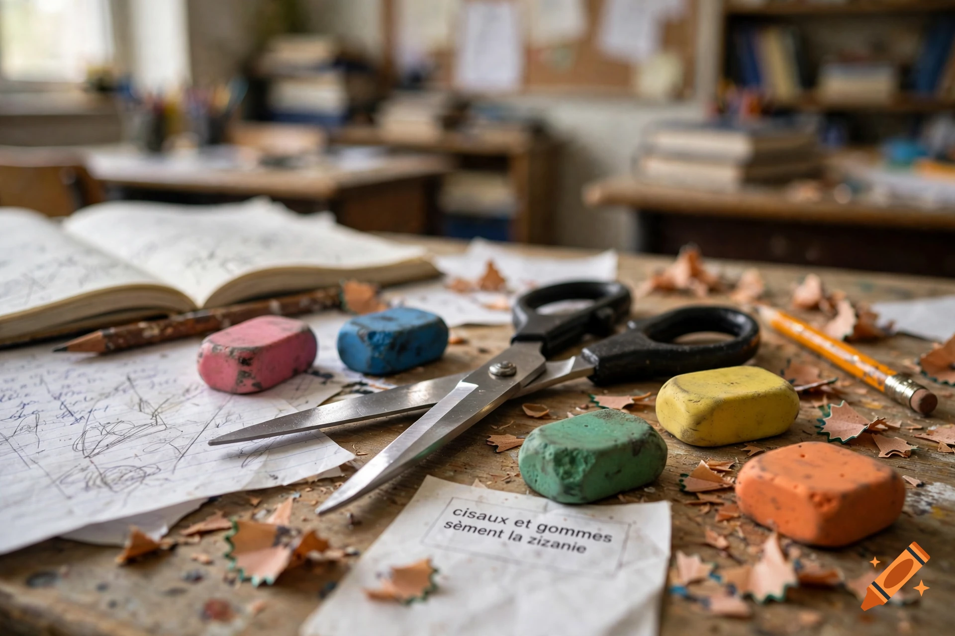 Close-up photograph of school supplies on a wooden desk including scissors, colorful erasers, a pencil, and wood shavings.