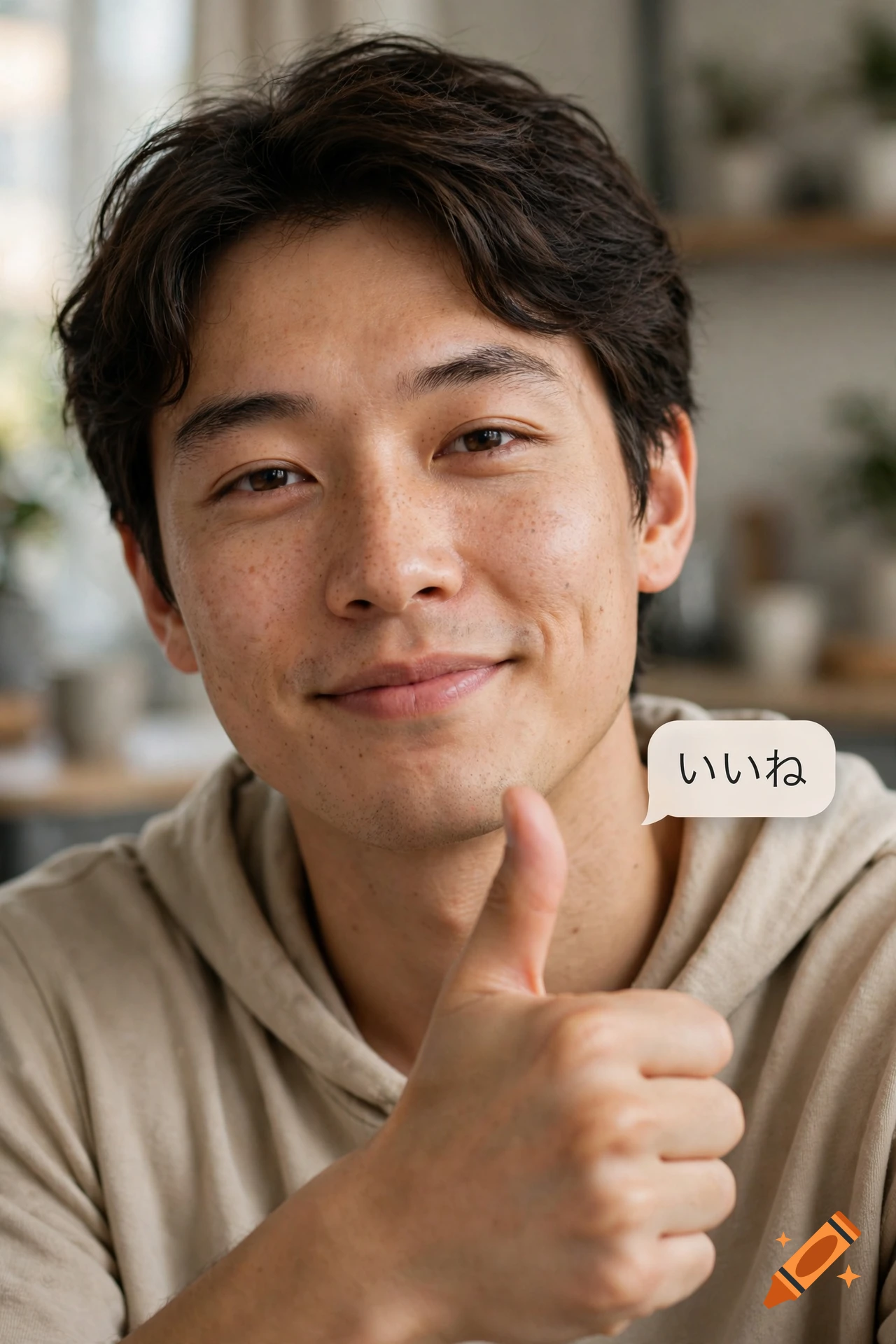 Close-up photorealistic portrait of an Asian man smiling and giving a thumbs up, with a speech bubble containing Japanese text.