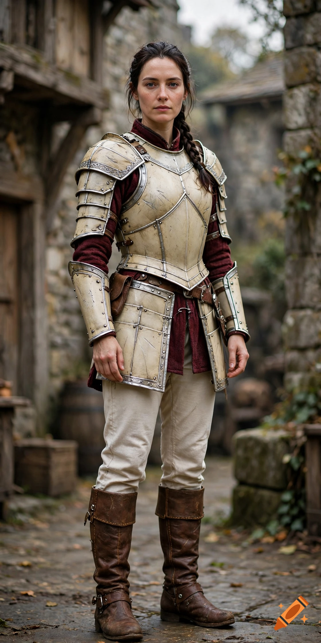 Photorealistic full-body portrait of a woman in medieval fantasy armor with silver accents and a burgundy tunic, standing in a stone courtyard.