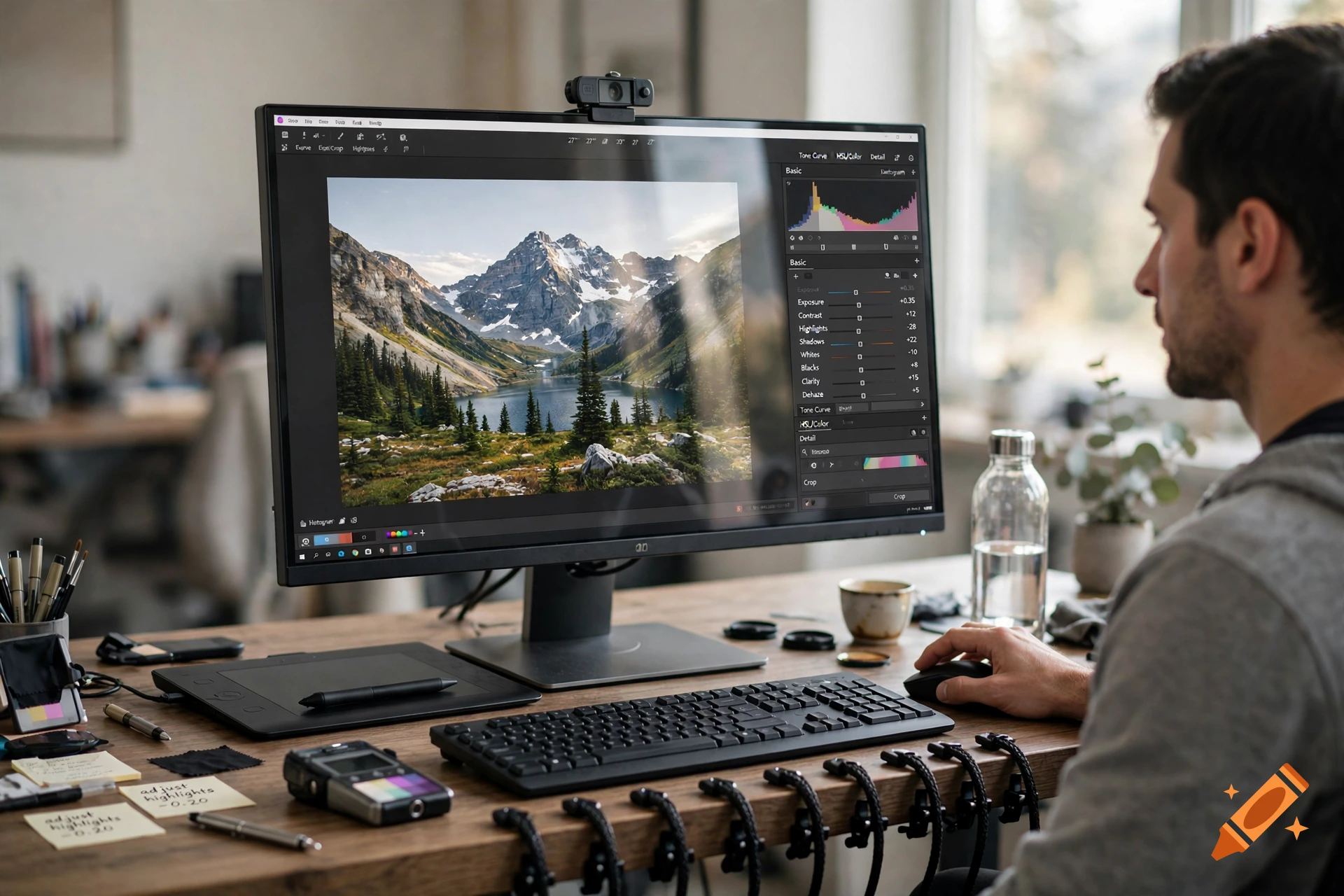 A man editing a landscape photograph on a large computer monitor in a workspace with photography gear.
