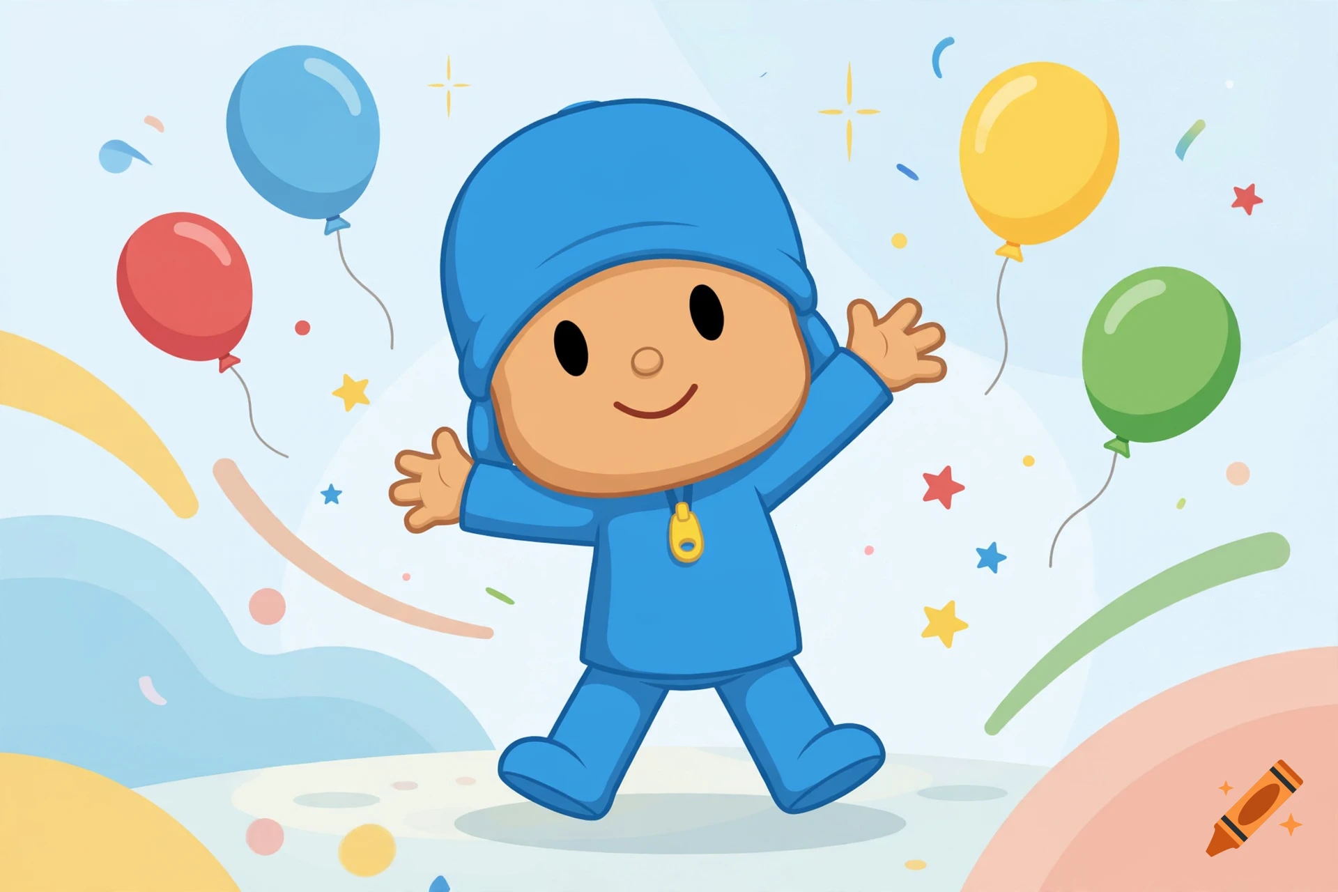 Pocoyo cartoon character in blue outfit celebrating with colorful balloons and confetti, digital illustration style