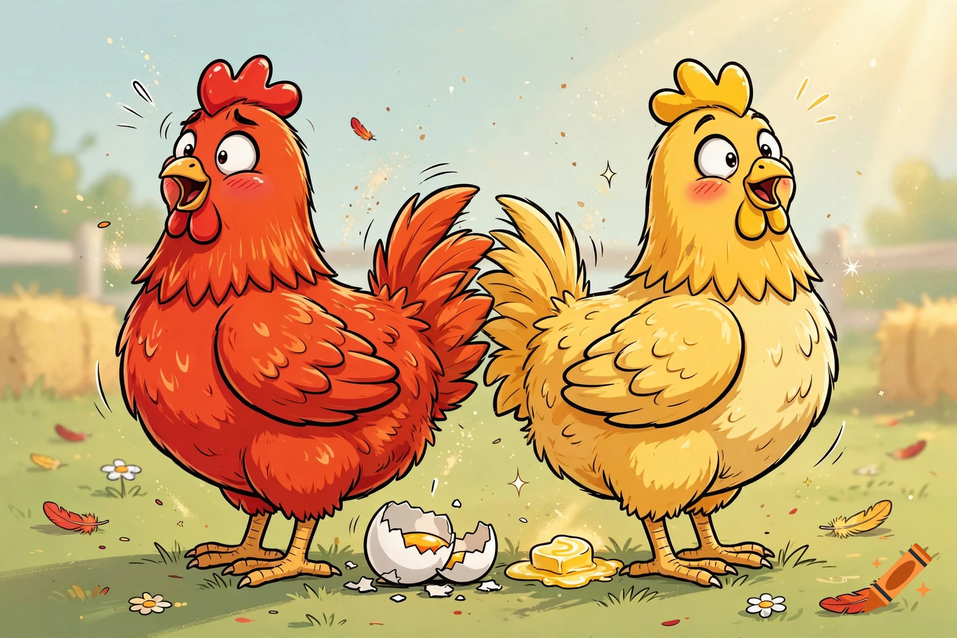 Comic style illustration of a red chicken laying an egg and a yellow chicken laying a piece of butter standing back-to-back on a farm.