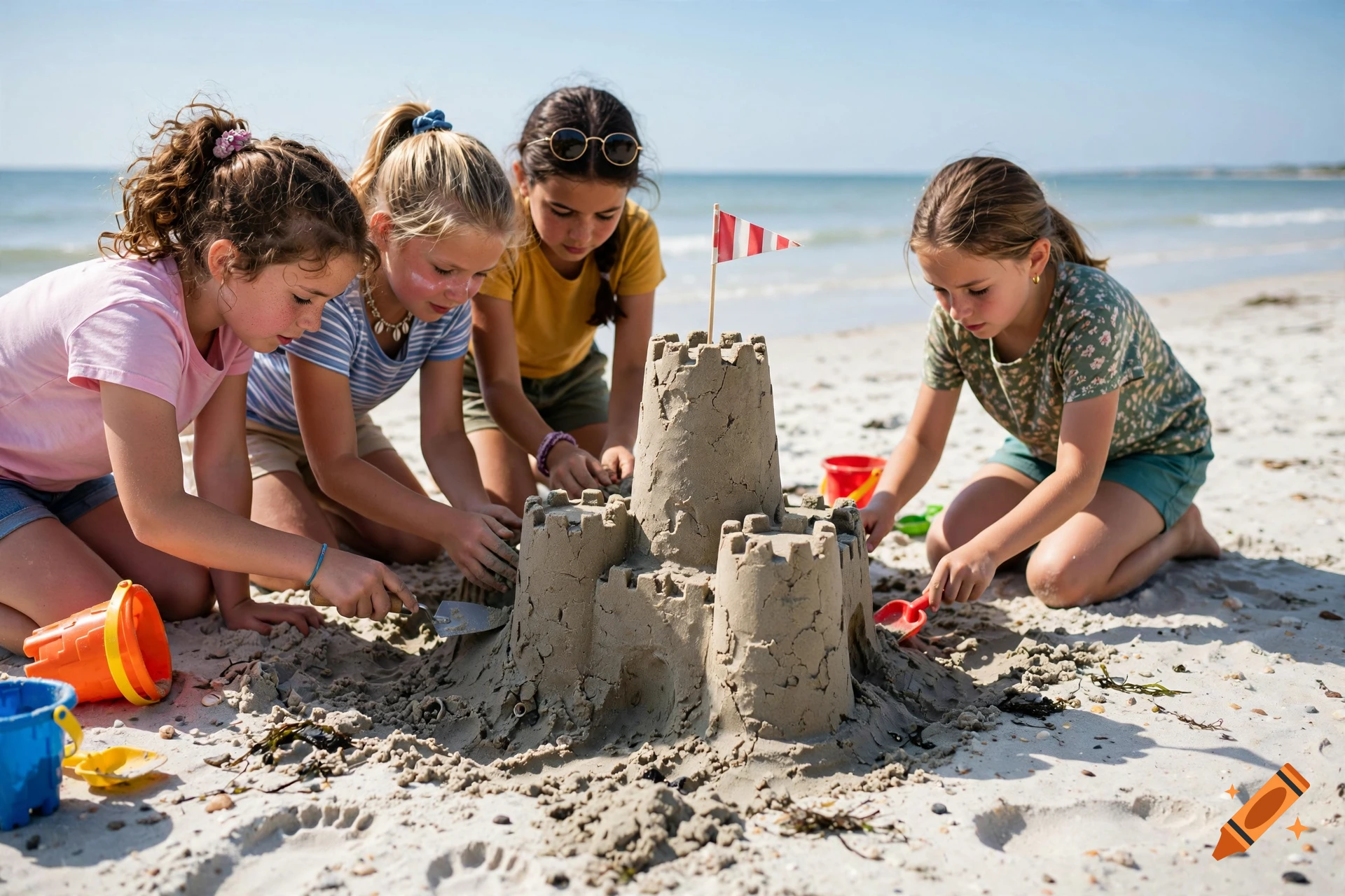 Four young girls building a detailed sandcastle with a red and white flag on a sunny beach, photorealistic.