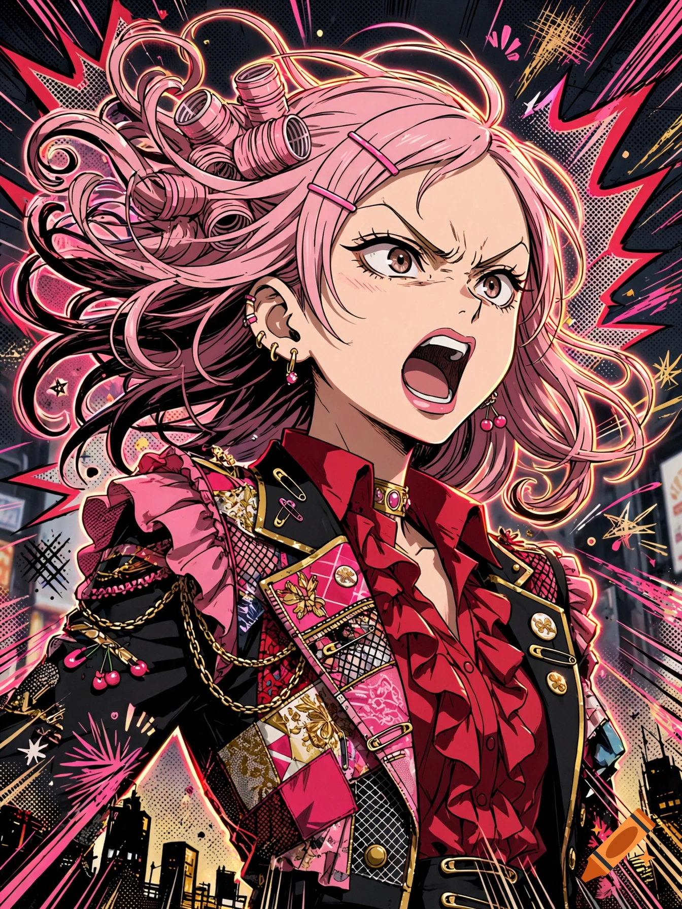 An anime-style illustration of an angry punk girl with pink hair and elaborate punk fashion, shouting.