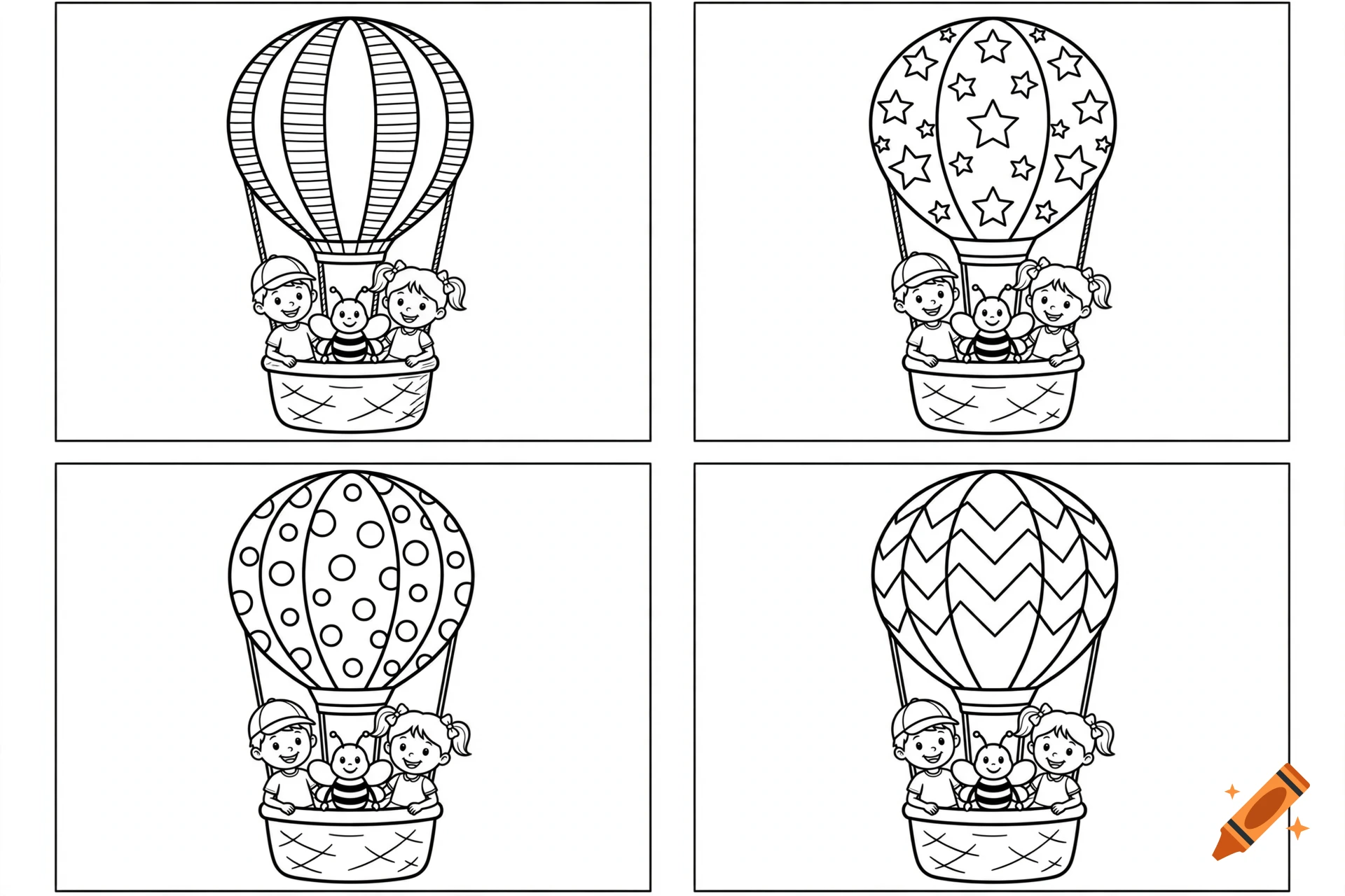 Four black and white coloring book pages featuring kids and a bee in hot air balloons with various patterns.