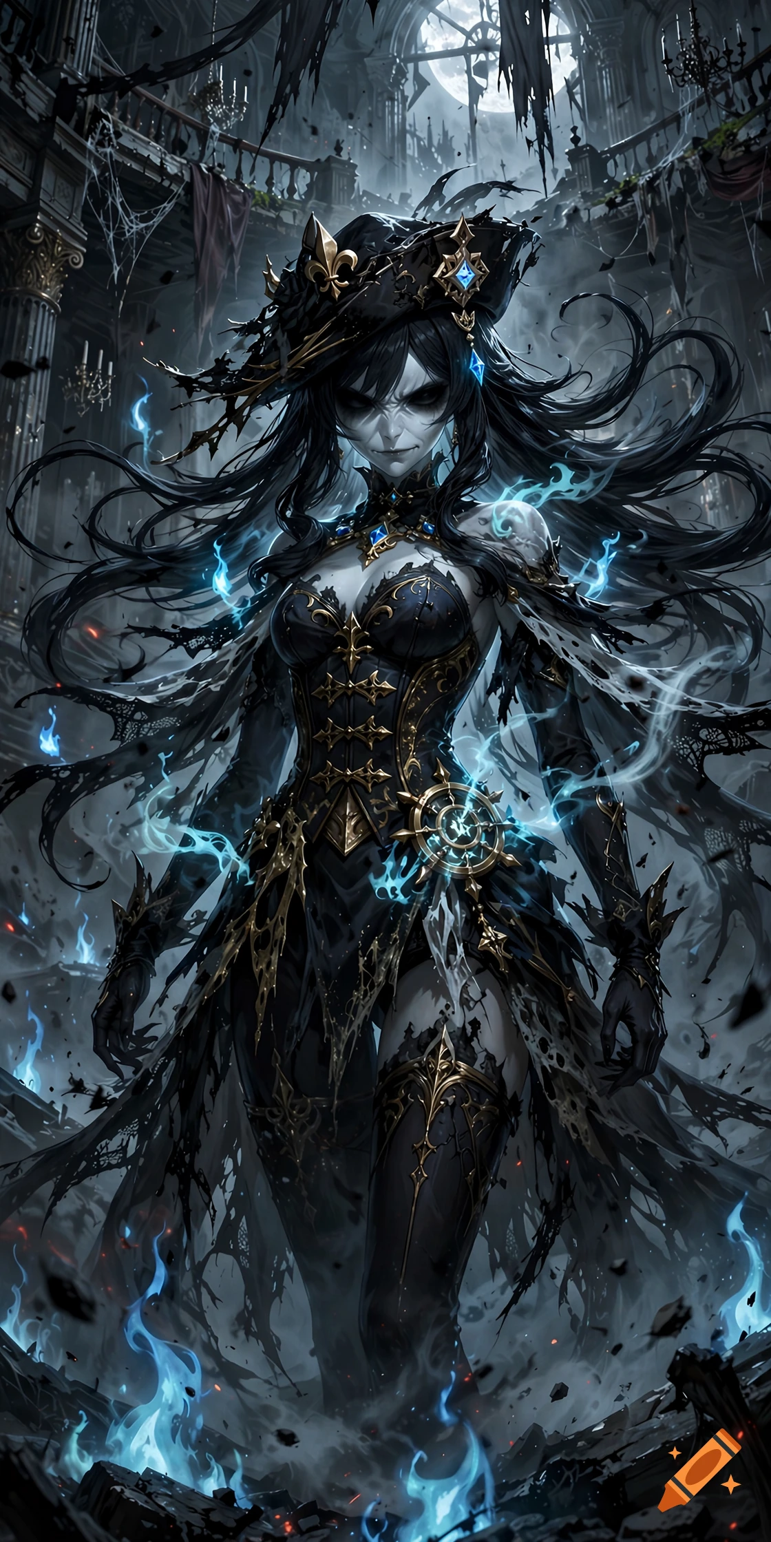 Digital art of a pale, black-haired female character in gothic pirate attire with glowing blue magical flames in a ruined gothic hall.