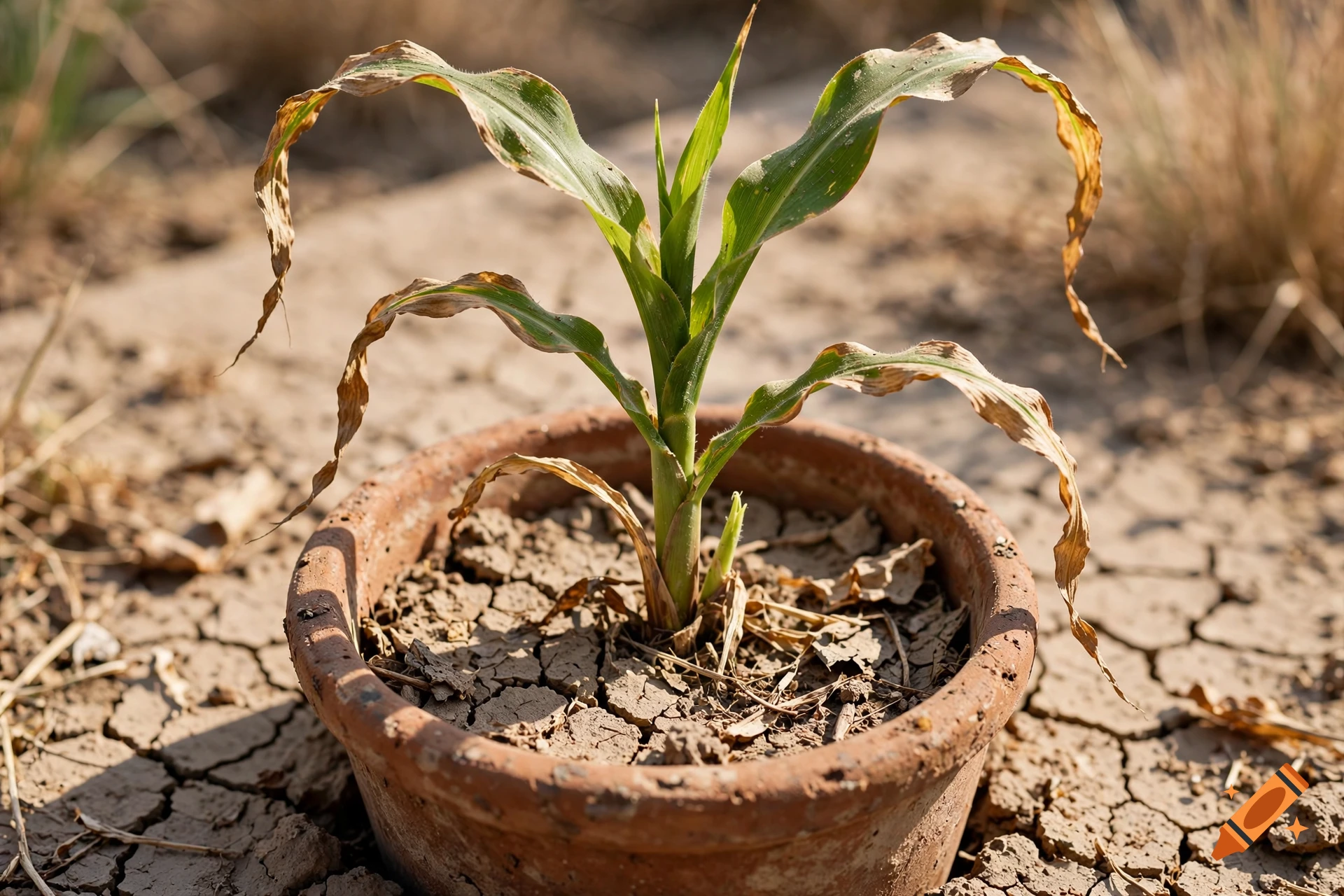 Photorealistic image of a small, somewhat withered corn plant growing in a dry, cracked clay pot.