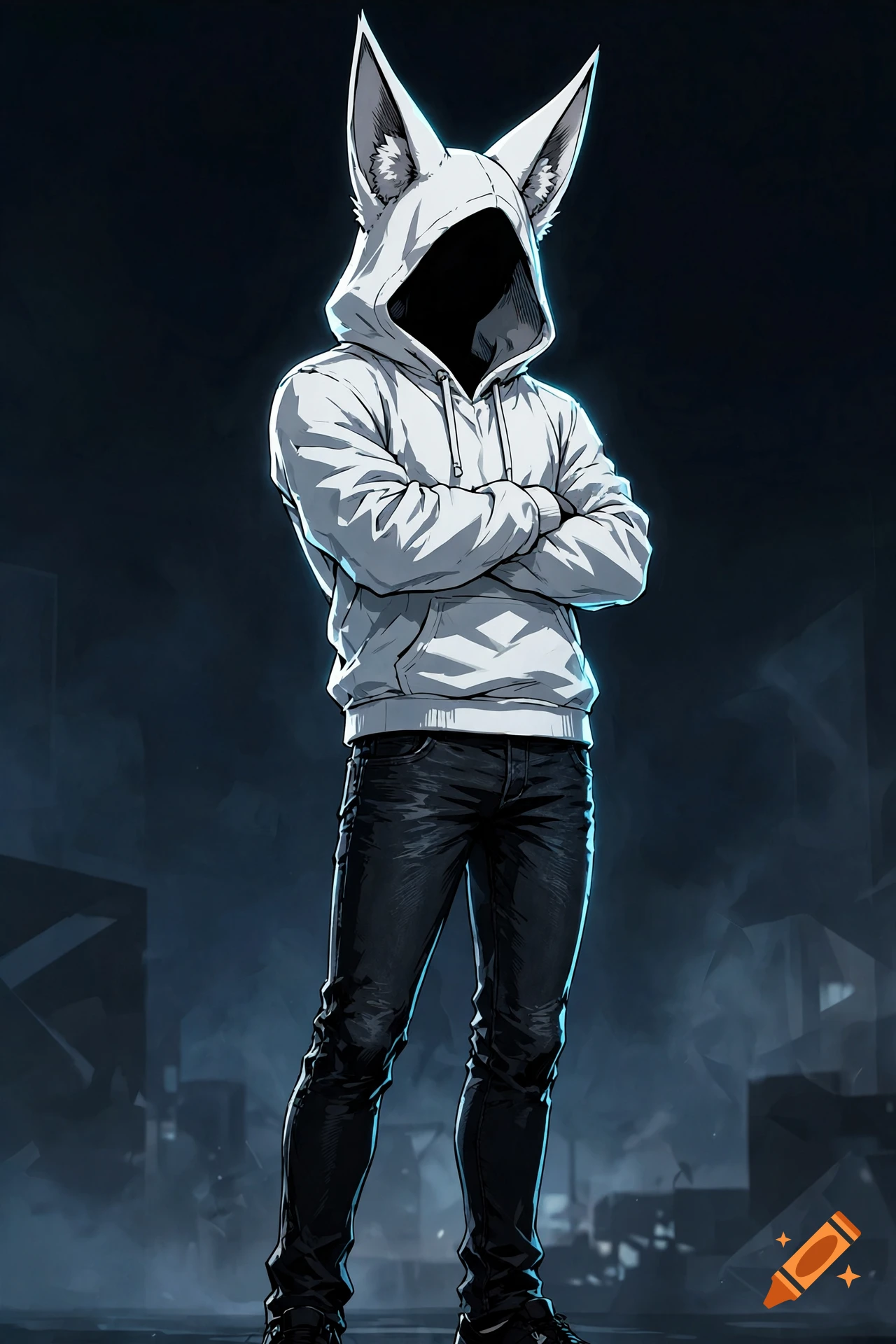 An anime style digital illustration of a male humanoid figure wearing a white fennec-eared hoodie, dark jeans, and with a shadowed face.