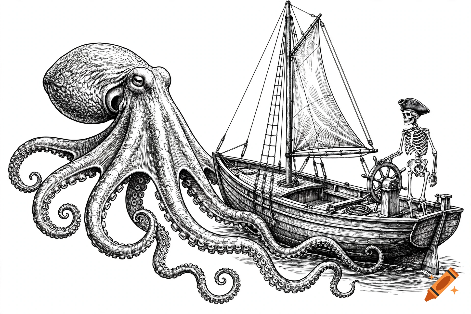 Black and white ink drawing of a giant octopus attacking a small sailboat steered by a skeleton in a pirate hat.