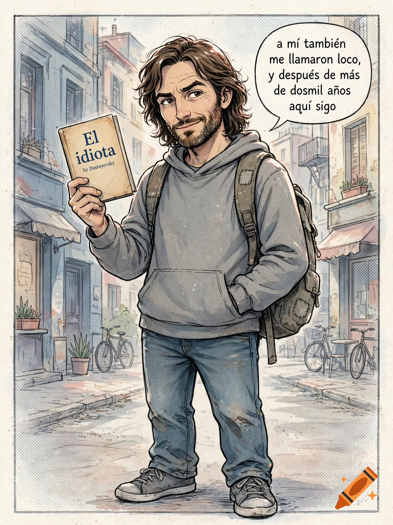 Comic style illustration of a man with a beard and hoodie holding a book, with a speech bubble in a European street.