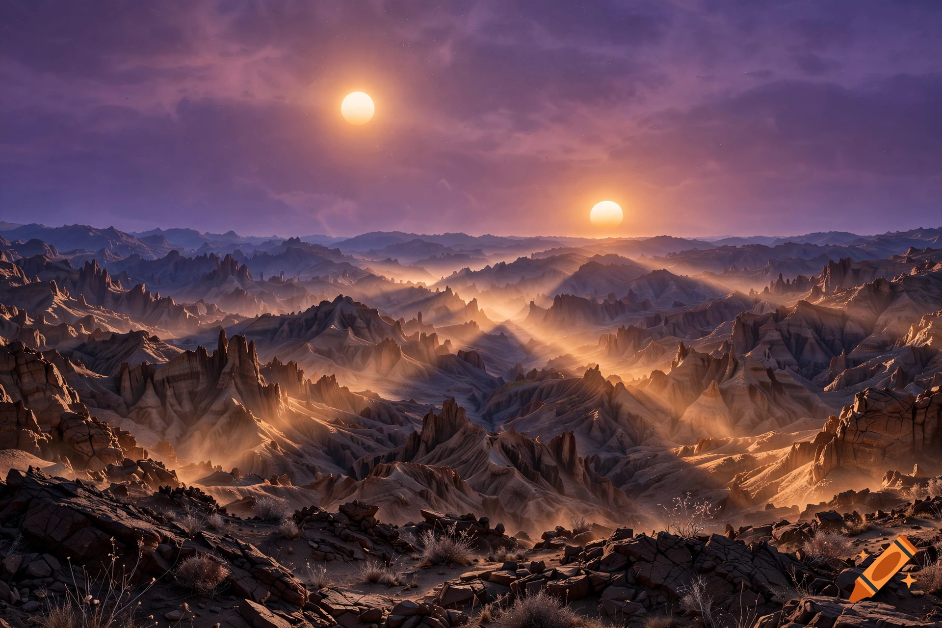 An alien landscape with jagged mountains, two suns in a purple sky, and dramatic sunbeams.