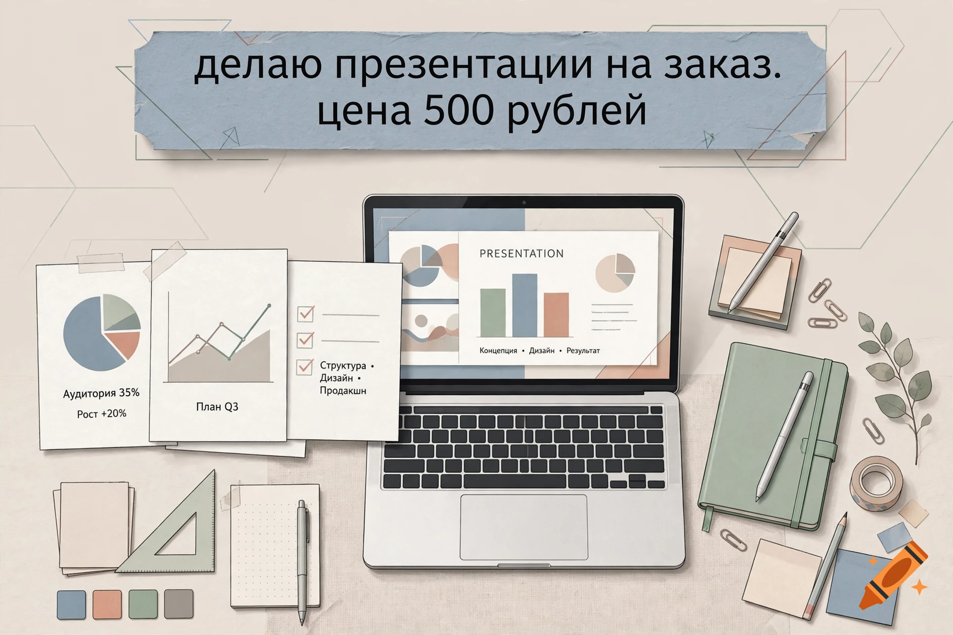 Top-down view of a laptop displaying a presentation, surrounded by documents with charts, notebooks, pens, and stationery on a beige desk.