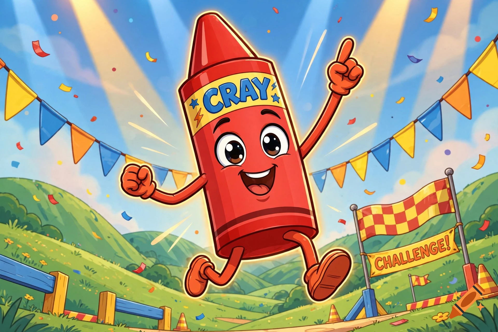 Digital illustration of a cheerful red crayon character running through an outdoor obstacle course under a sunny sky.