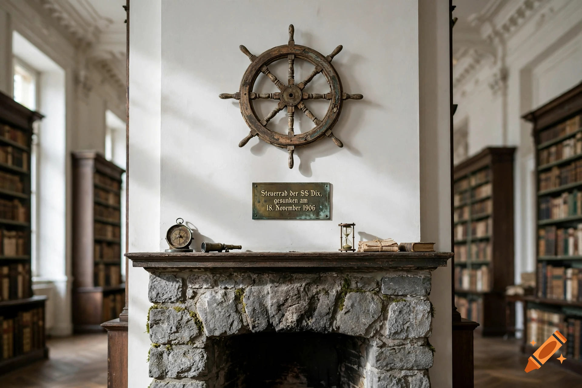 Photorealistic image of a stone fireplace in a library with a wooden ship's wheel mounted above it and a commemorative bronze plaque.