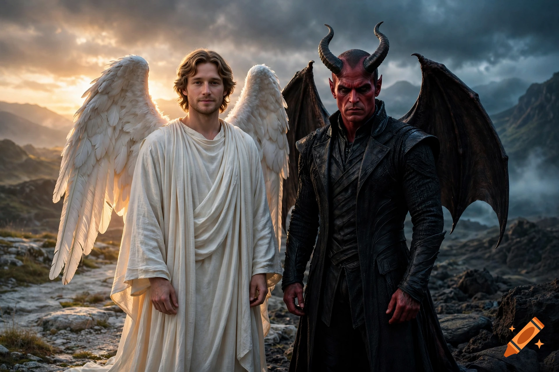 Photorealistic image of an angel with white wings and a red-skinned devil with horns standing side by side in a rocky landscape.