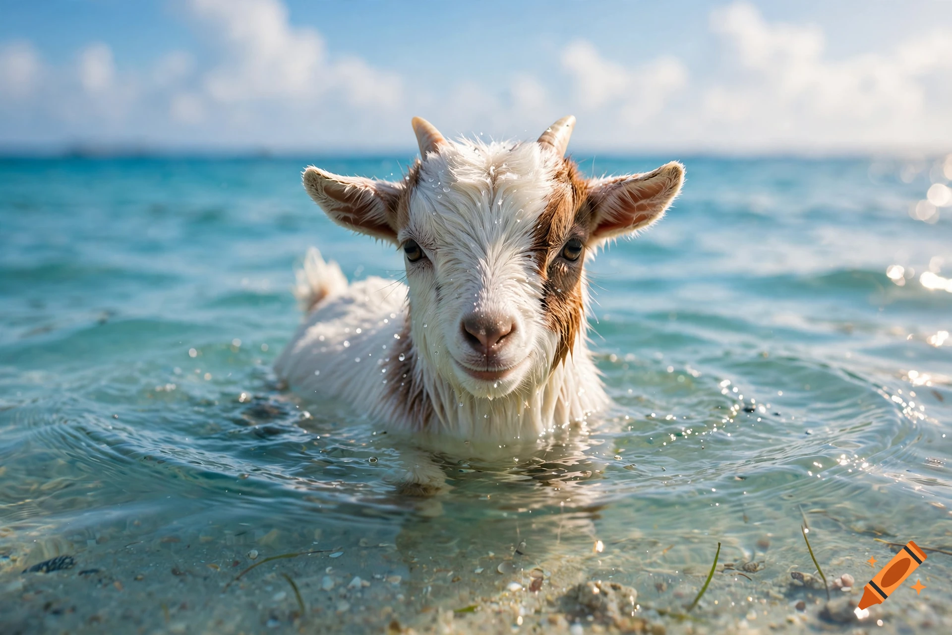 Photorealistic image of a cute baby goat swimming in the clear blue ocean with water droplets on its face.
