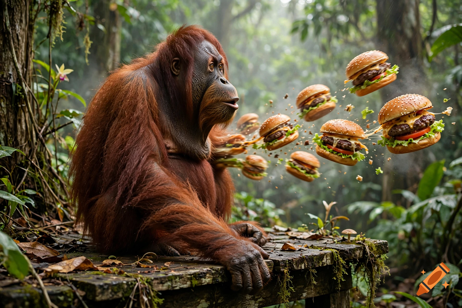 Photorealistic image of an orangutan sitting in a jungle, magically ejecting a stream of hamburgers.
